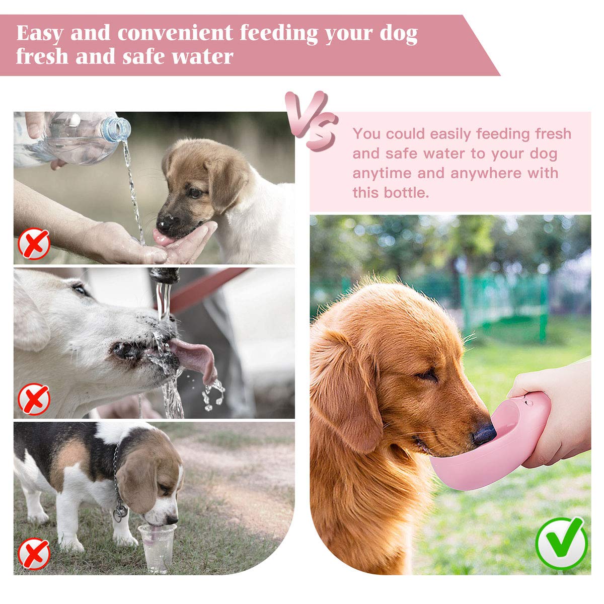 Portable Dog Water Bottle with Bowl - 12oz Lightweight Travel Water Dispenser for Dogs, Puppy Essentials for Outdoor Walking, Hiking & Camping | Pet Accessories (Pink) - Perfect for Park Visits, Beach Trips & Daily Walks