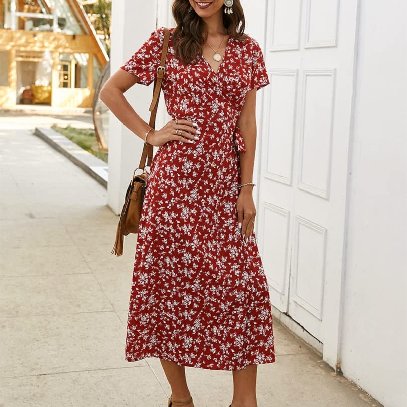 Women's Floral Long Dress - V Neck Short Sleeve Slim Fit Navy Blue Summer Dress for Beach, Party & Casual Wear