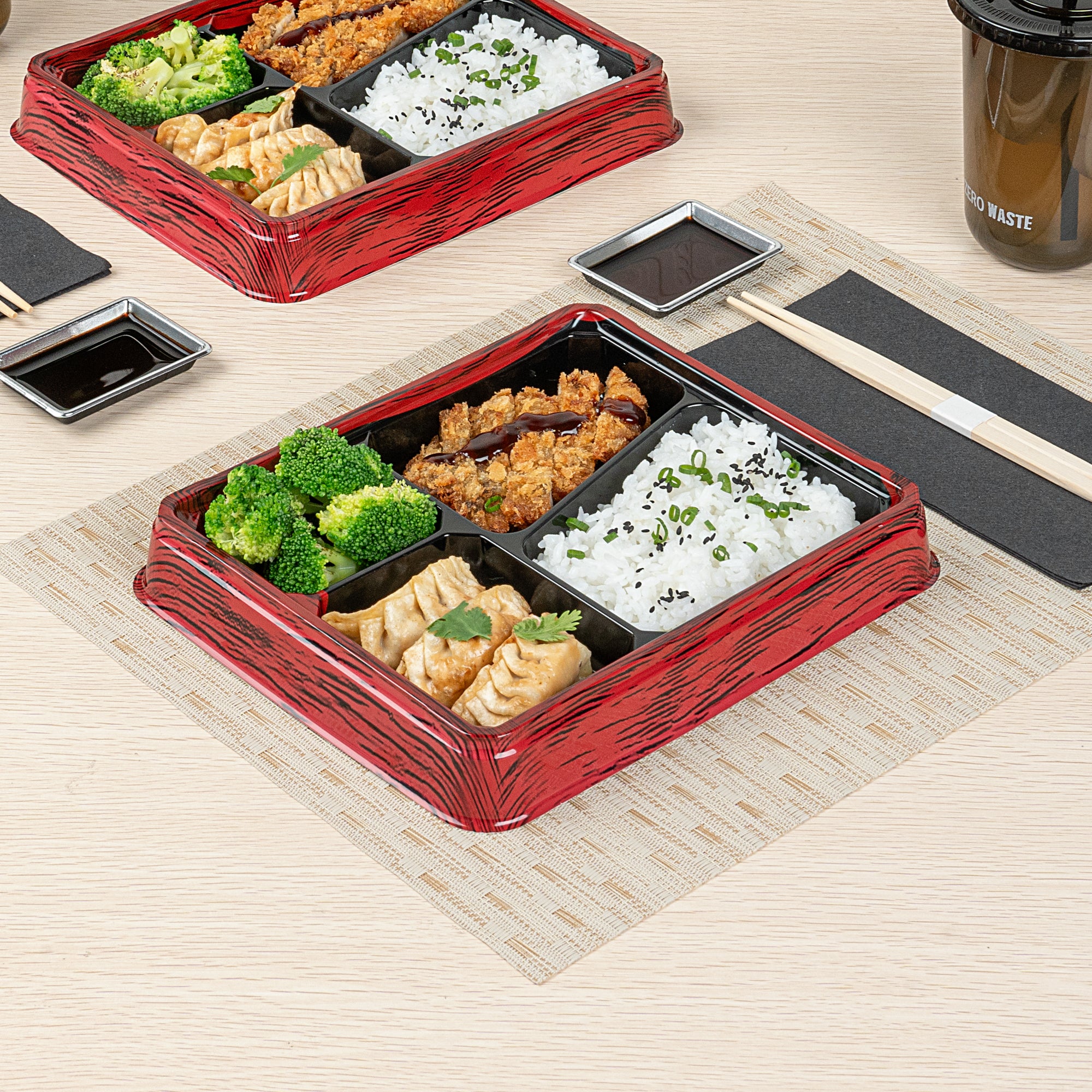 Bento Tek 19 oz Red & Black Plastic Bento Box with 4 Compartments - 9.25