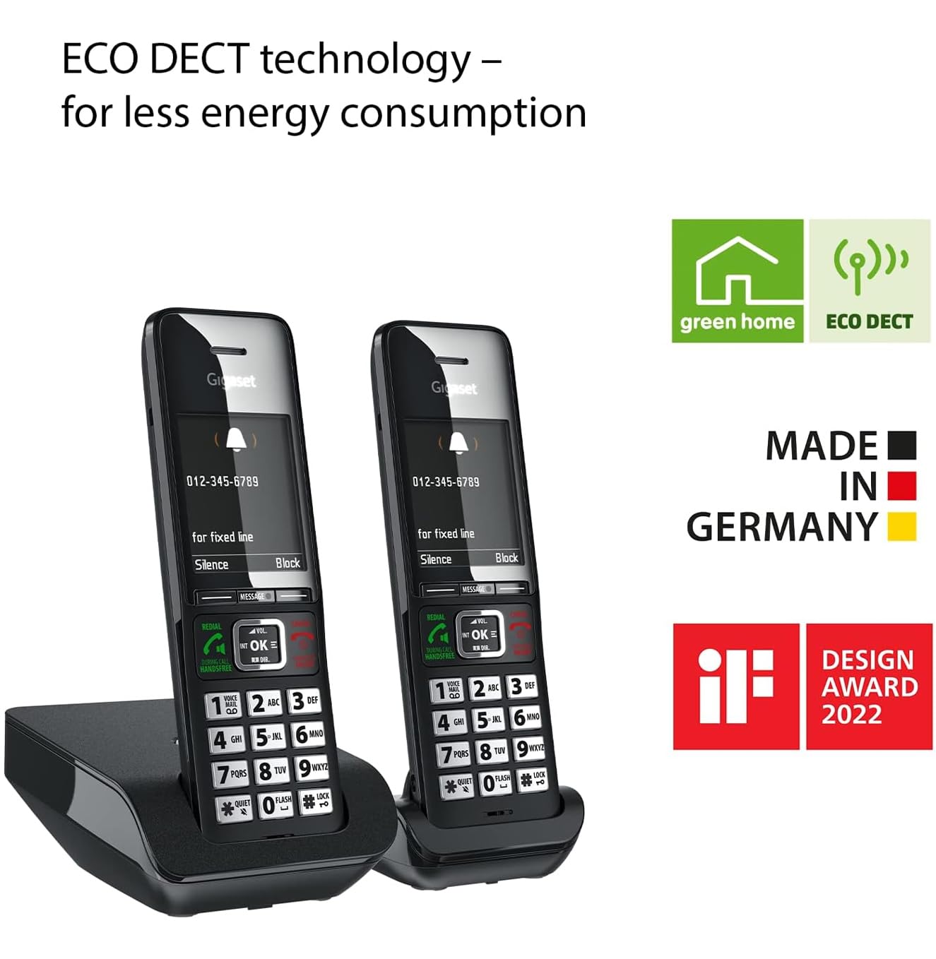 Gigaset Comfort 552 Duo Cordless Phone Set - 2 Handsets with Hands-Free Mode & Call Protection - 200 Entry Phone Book - German-Made Titanium-Black Design for Home & Office Use
