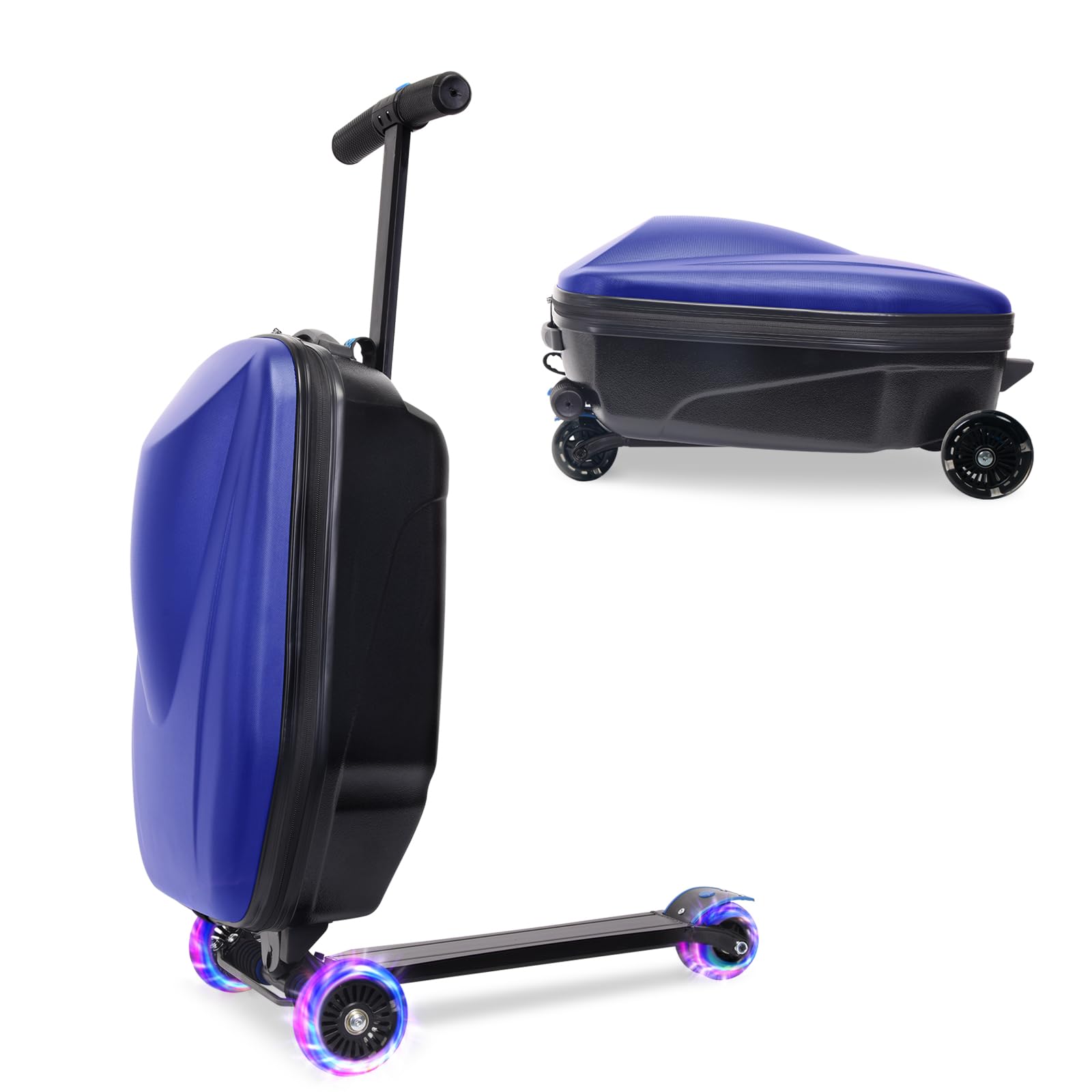 **Foldable Scooter Luggage for Kids Age 4-15 | 2-in-1 Hardshell Ride-On Suitcase with LED Wheels | Lightweight Carry-On Luggage for Travel, School & Airports (Blue)**