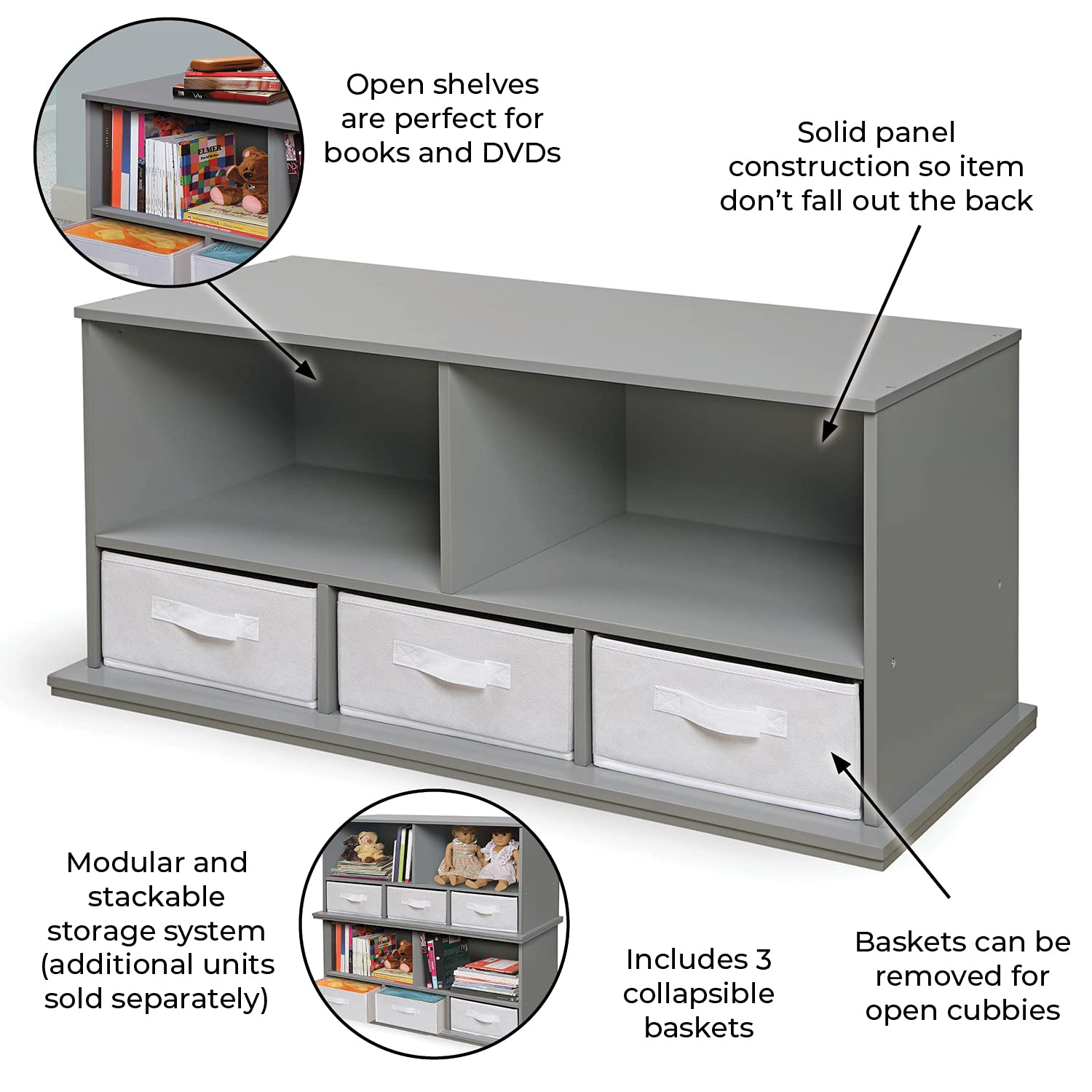 Badger Basket 5-Shelf Stackable Toy Storage Organizer with 3 Fabric Bins - Gray | Kids Room Organization & Playroom Storage Solution