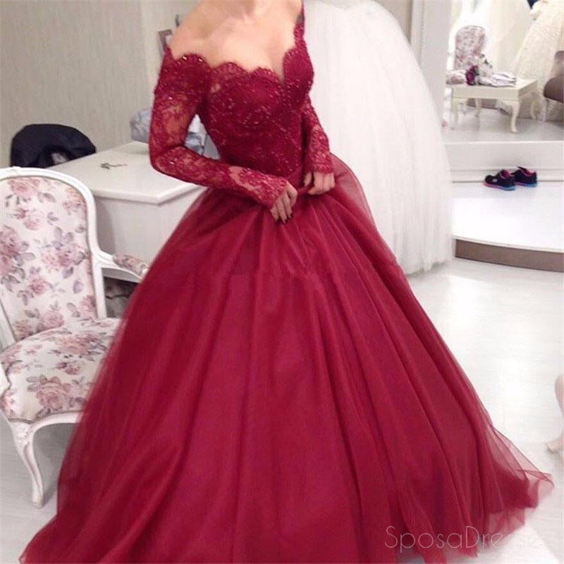 Elegant Off Shoulder Dark Red Long Sleeve Lace A-Line Evening Gown - Formal Prom Dress for Women | Perfect for Homecoming, Cocktail Parties & Special Occasions