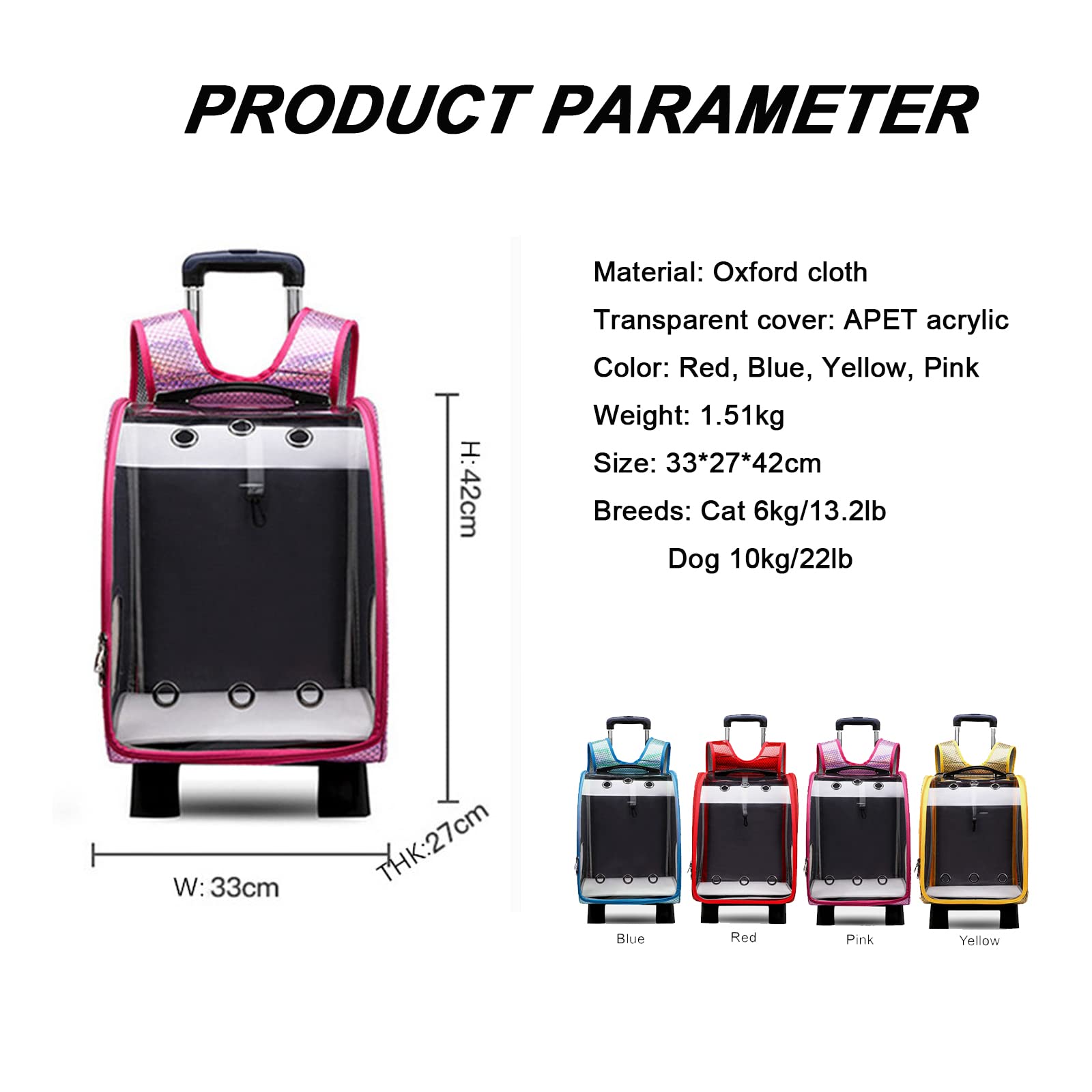 Transparent Pet Carrier Trolley with Wheels - Breathable Soft-Sided Backpack for Cats & Small Dogs - Perfect for Travel, Hiking & Outdoor Adventures