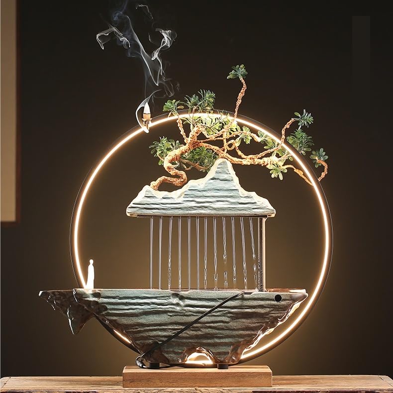 Zen Desktop Water Fountain with Rockery & Feng Shui Wheel - Small Tabletop Fountain for Home Office Decor, Relaxing Indoor Water Feature with Circulating Pump - Perfect for Meditation, Stress Relief & Feng Shui Wealth Enhancement