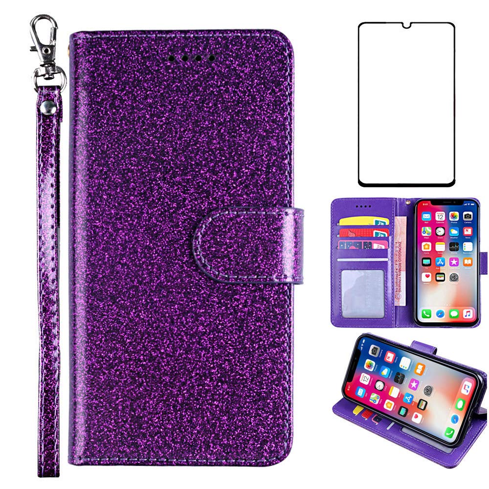 ASUWISH Samsung Galaxy S6 Edge Case with Tempered Glass Screen Protector - Wallet Phone Cover with Card Holder & Kickstand | Glitter Purple Protective Case for Galaxy S6 Edge/6S/6/6 Edge | Perfect for Daily Use, Travel & Hands-Free Viewing