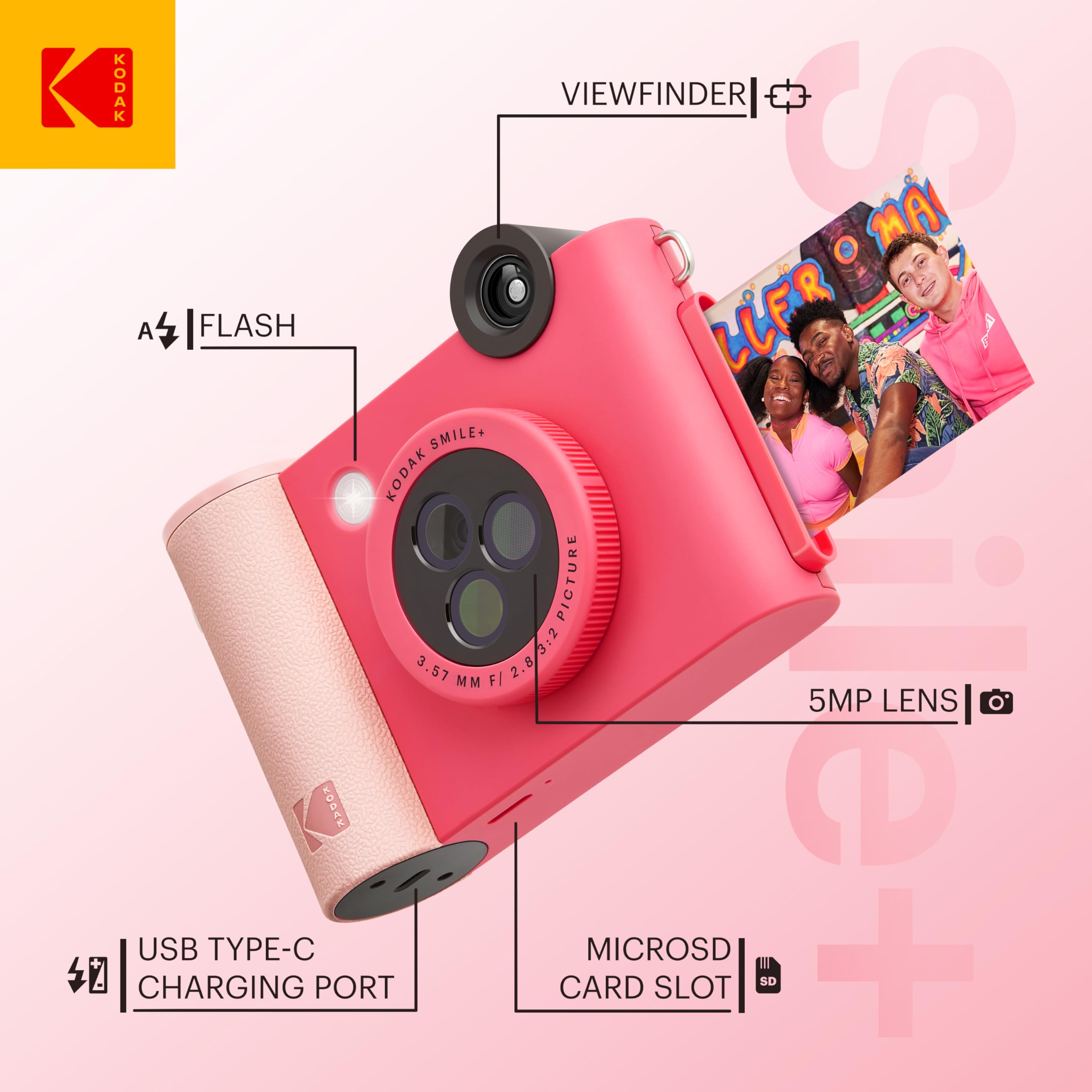 KODAK Smile+ 2-in-1 Digital Instant Print Camera & Printer Bundle with Case, 20pk Zink 2x3 Sticky Back Photo Paper, Album, Sticker Sets, Frames & Markers - Fuchsia Pink | Perfect for Travel, Parties, Scrapbooking & DIY Photo Gifts