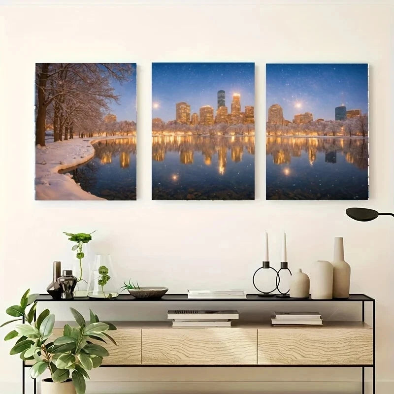 3pcs Snowy Night City Skyline Metal Wall Art Prints - Ready to Hang Winter Landscape Decor for Living Room, Bedroom & Office