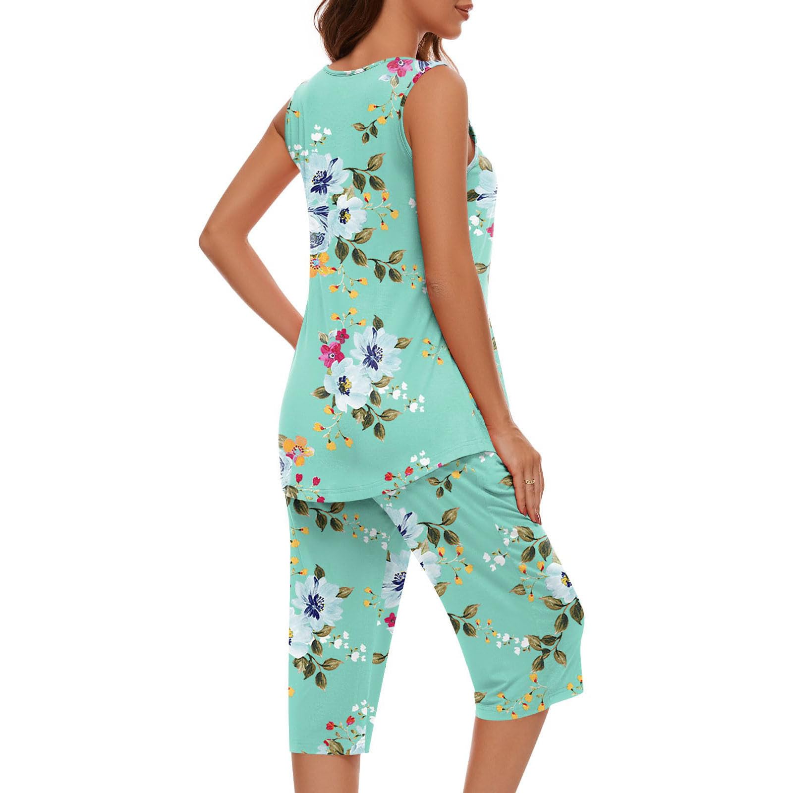 Women's 2-Piece Floral Print Pajama Set - Sleeveless Tank Top & Capri Pants Soft Summer Sleepwear Lounge Wear for Comfortable Night Sleep & Relaxing at Home