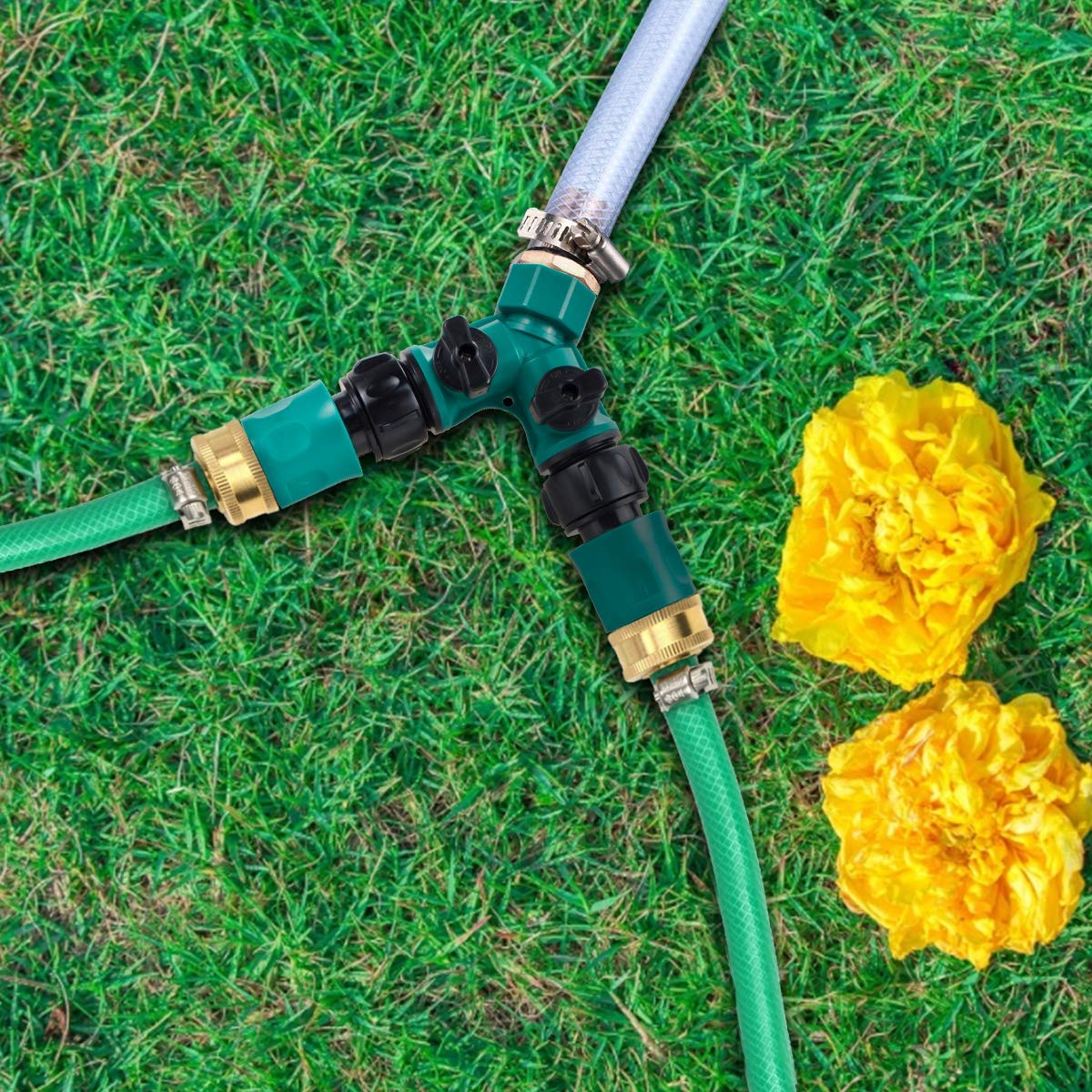 JUSONEY 2-Way Garden Hose Splitter with Valves - for Faucets & Watering Equipment