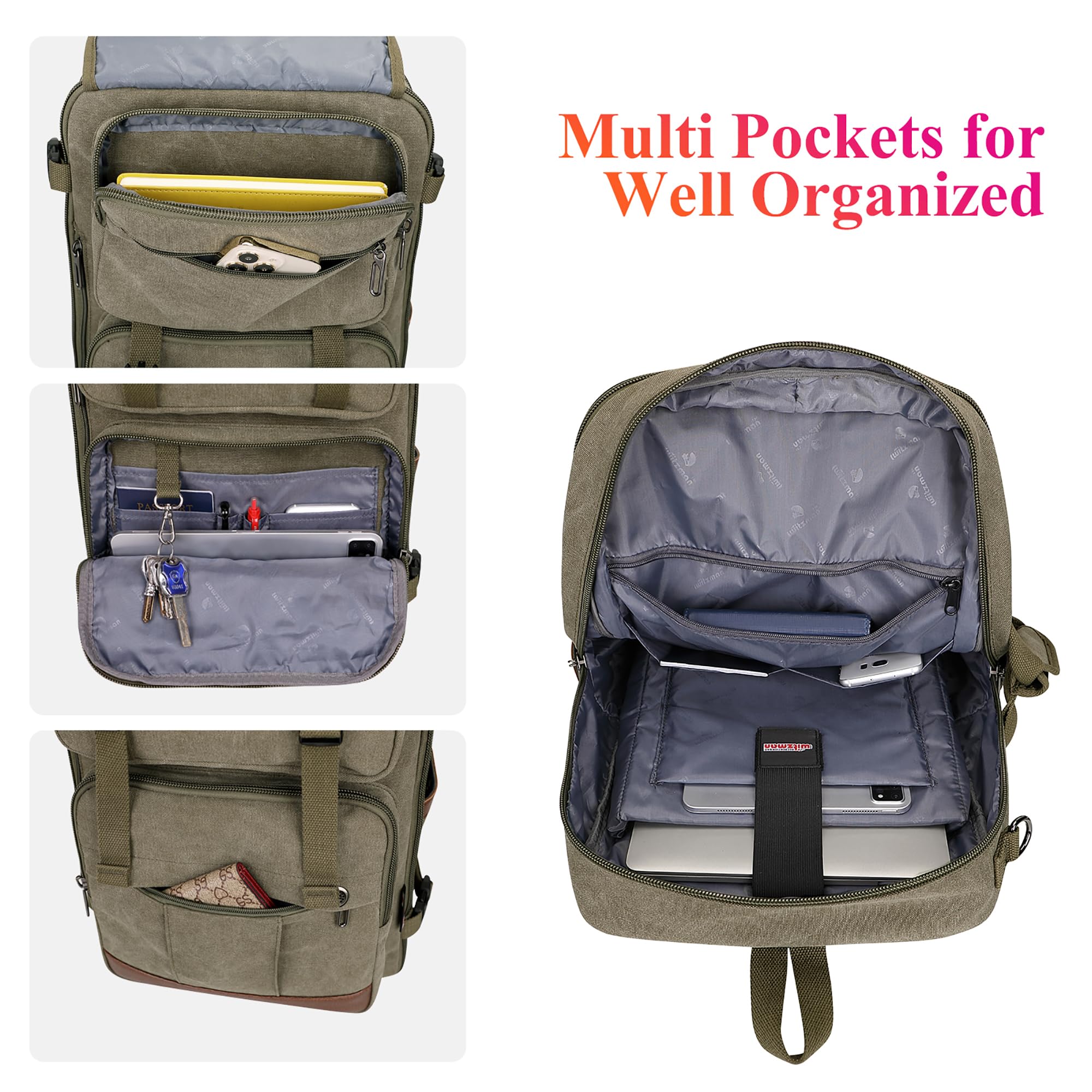 WITZMAN Men's Large Canvas Travel Backpack - 17 Inch Laptop Backpack, Airline Approved Carry-on, Convertible Shoulder Rucksack (Army Green) - Perfect for Business Trips, College & Outdoor Adventures