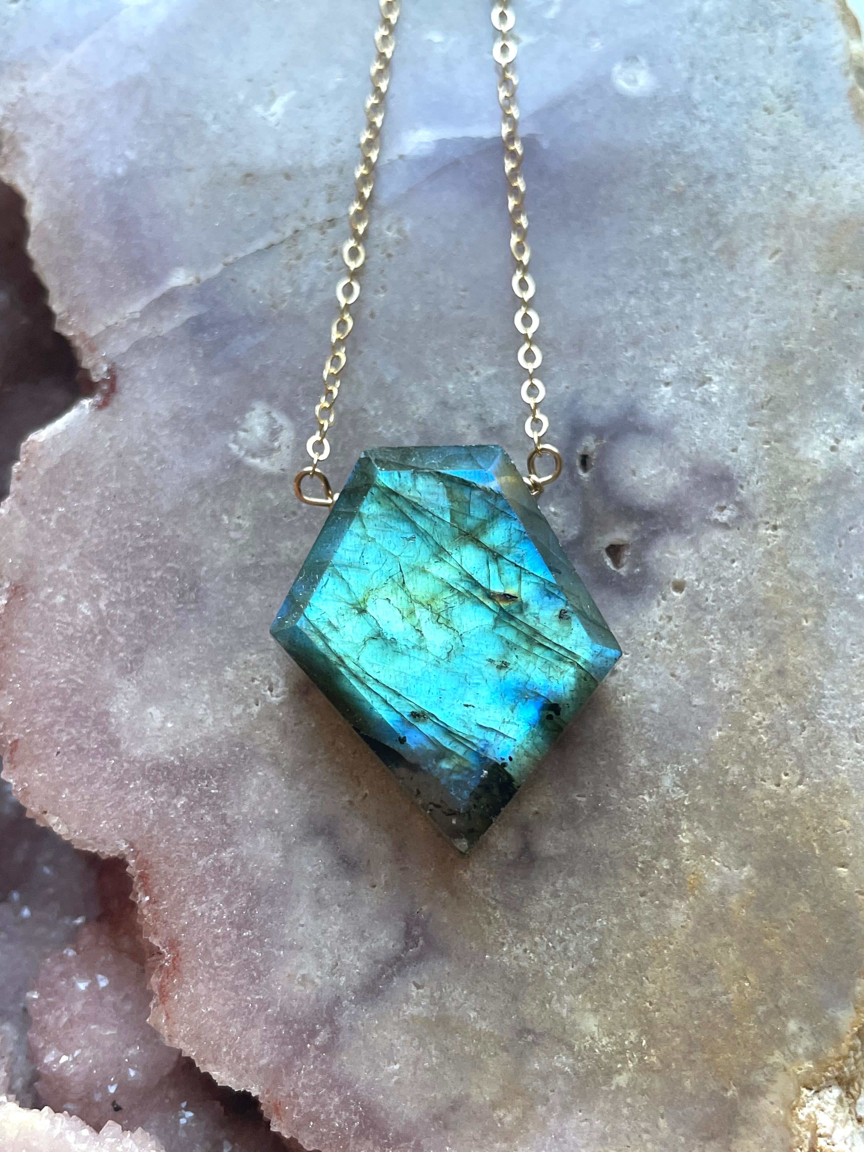 Large Labradorite Shield Necklace in Gold Fill - Elegant Crystal Jewelry for Women, Perfect for Boho Style & Spiritual Healing