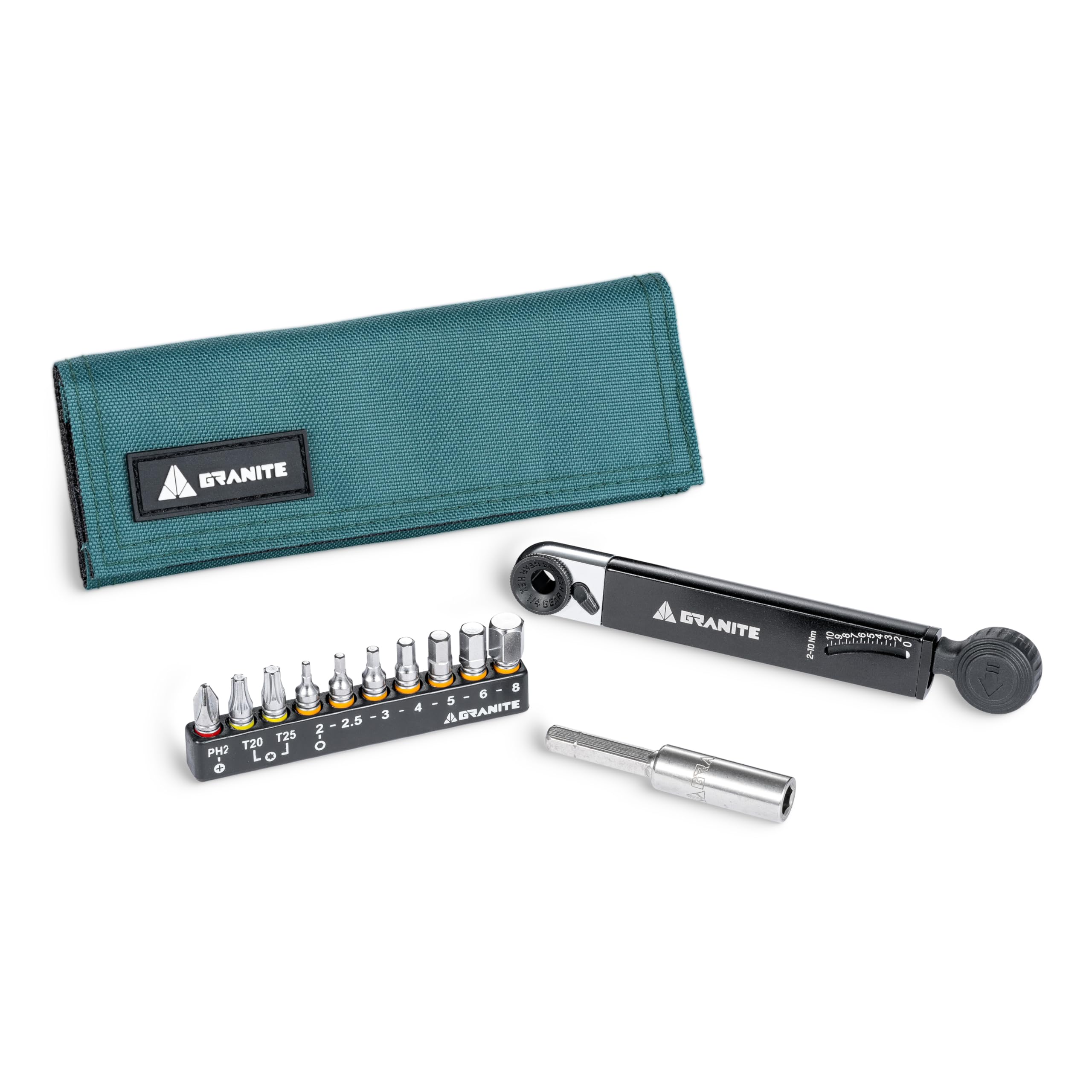 Granite Rocknroll TQ Torque Ratchet Bike Tool Kit - 10-in-1 Multitool with Extension Rod for Mountain, Road & Gravel Bikes | Portable Cycling Repair Kit for On-the-Go Adjustments & Maintenance (Green)