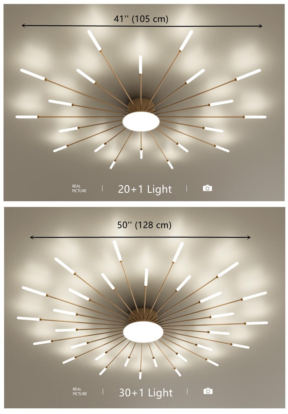 Linear Modern Sputnik Chandelier - Gold Acrylic Starburst Ceiling Light Fixture for Dining Room & Living Room | 20+1 Natural Light Bulbs | Perfect for Mid-Century Modern Home Decor