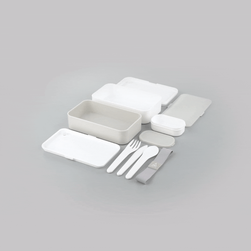 Bento Tek 41 oz Gray & White Buddha Box - All-in-One Lunch Container with Utensils & Sauce Cup (7.25