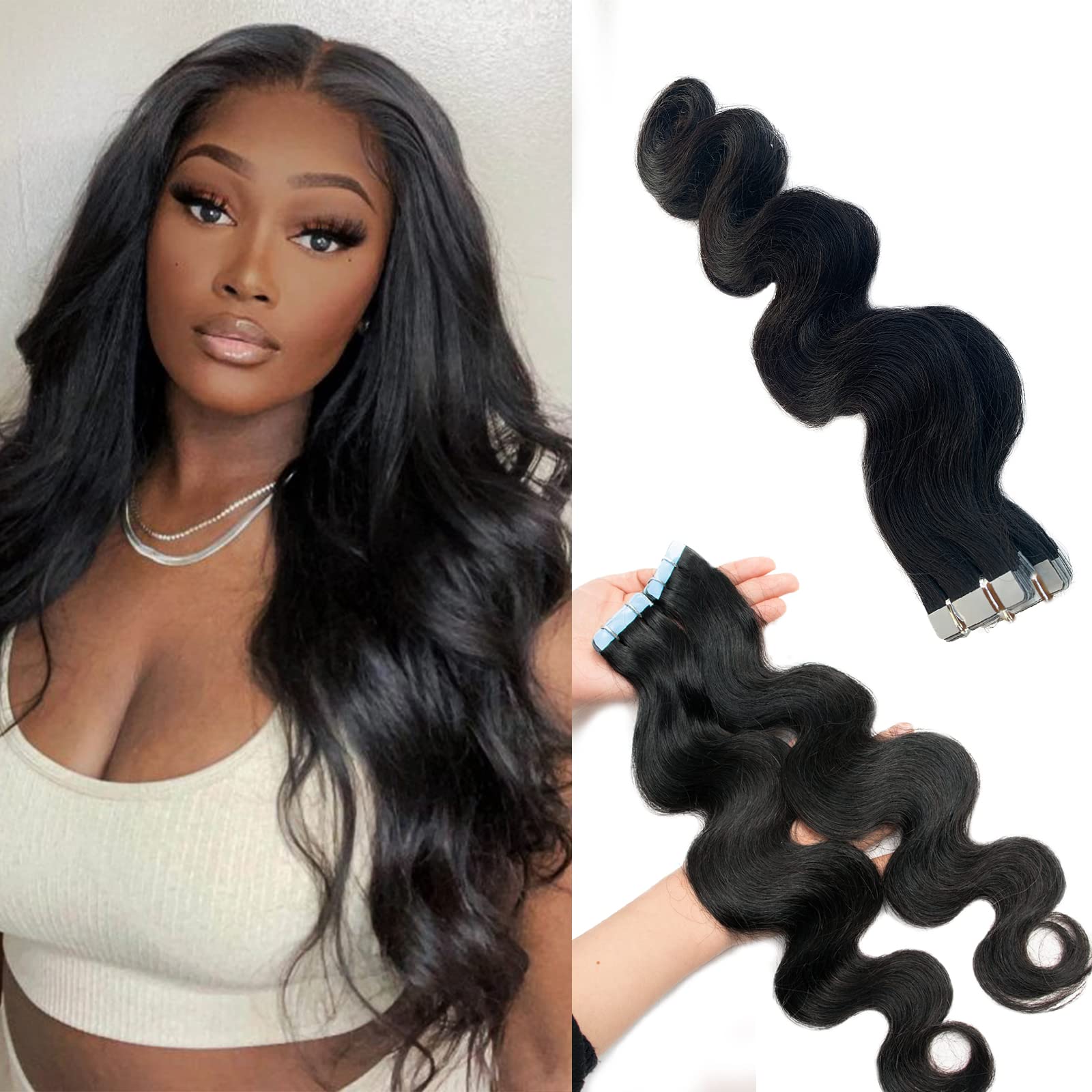 Seamless Invisible Tape-in Hair Extensions 16 Inch - 40PCS Double Sided Human Hair Wefts (100g, #1B Natural Black, Body Wave) for Natural Blending & Everyday Styling