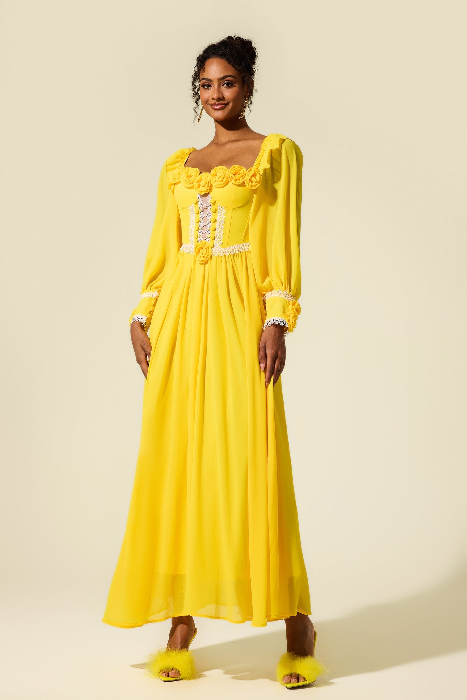 Elegant Yellow Chiffon 3D Flower Long Sleeve Midi Dress for Women | Summer Wedding Guest Dress & Party Cocktail Attire