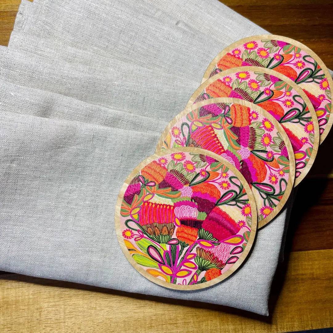 Wild Blooms Wooden Coasters and Napkin Set - 4-Piece Natural Wood Drink Coasters with Matching Napkins for Home, Kitchen, Dining Table, and Party Decor