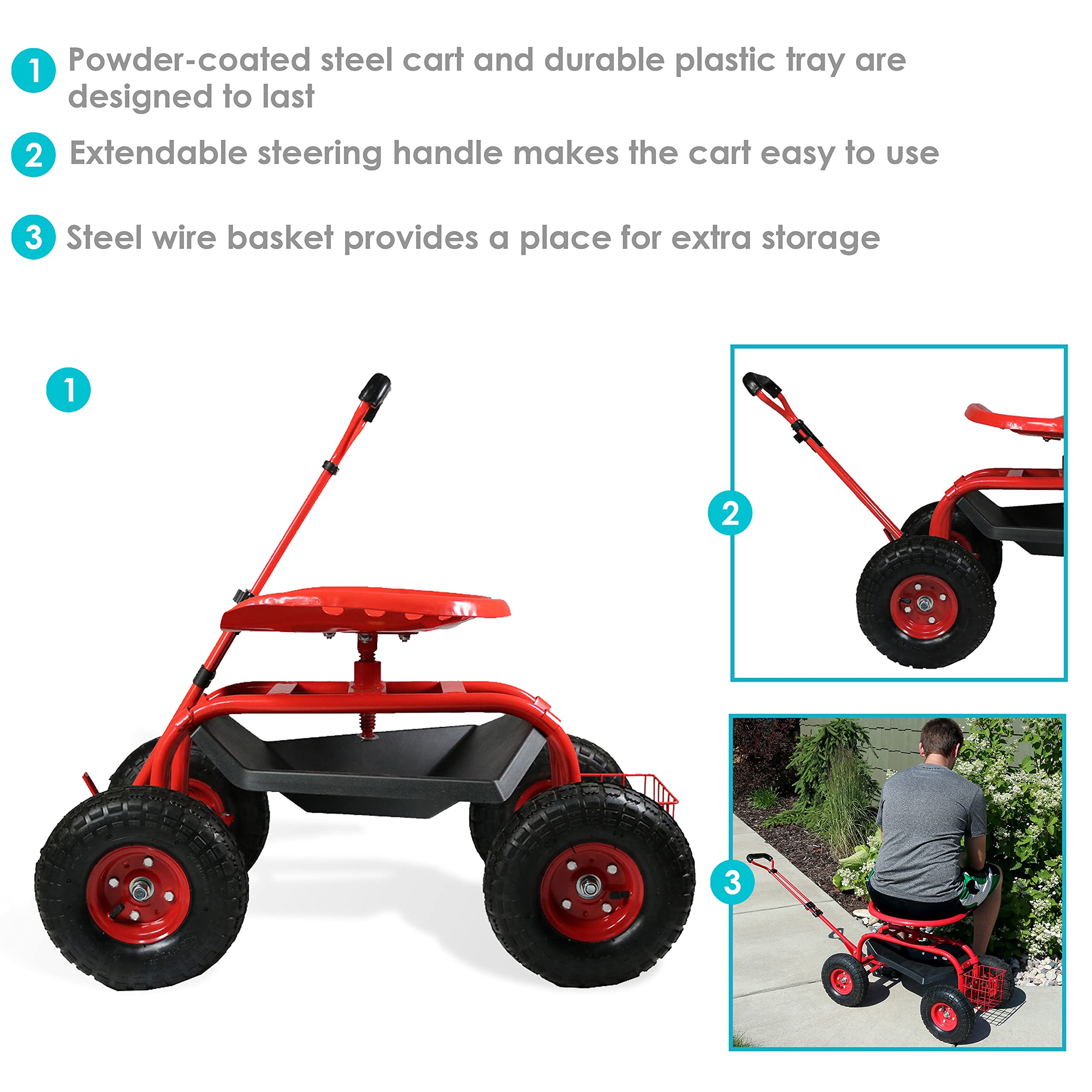 Sunnydaze Heavy Duty Garden Cart with Extendable Handle & Swivel Seat - Utility Rolling Scooter with Storage Basket - Outdoor Yard Work, Gardening & Home Improvement - Red