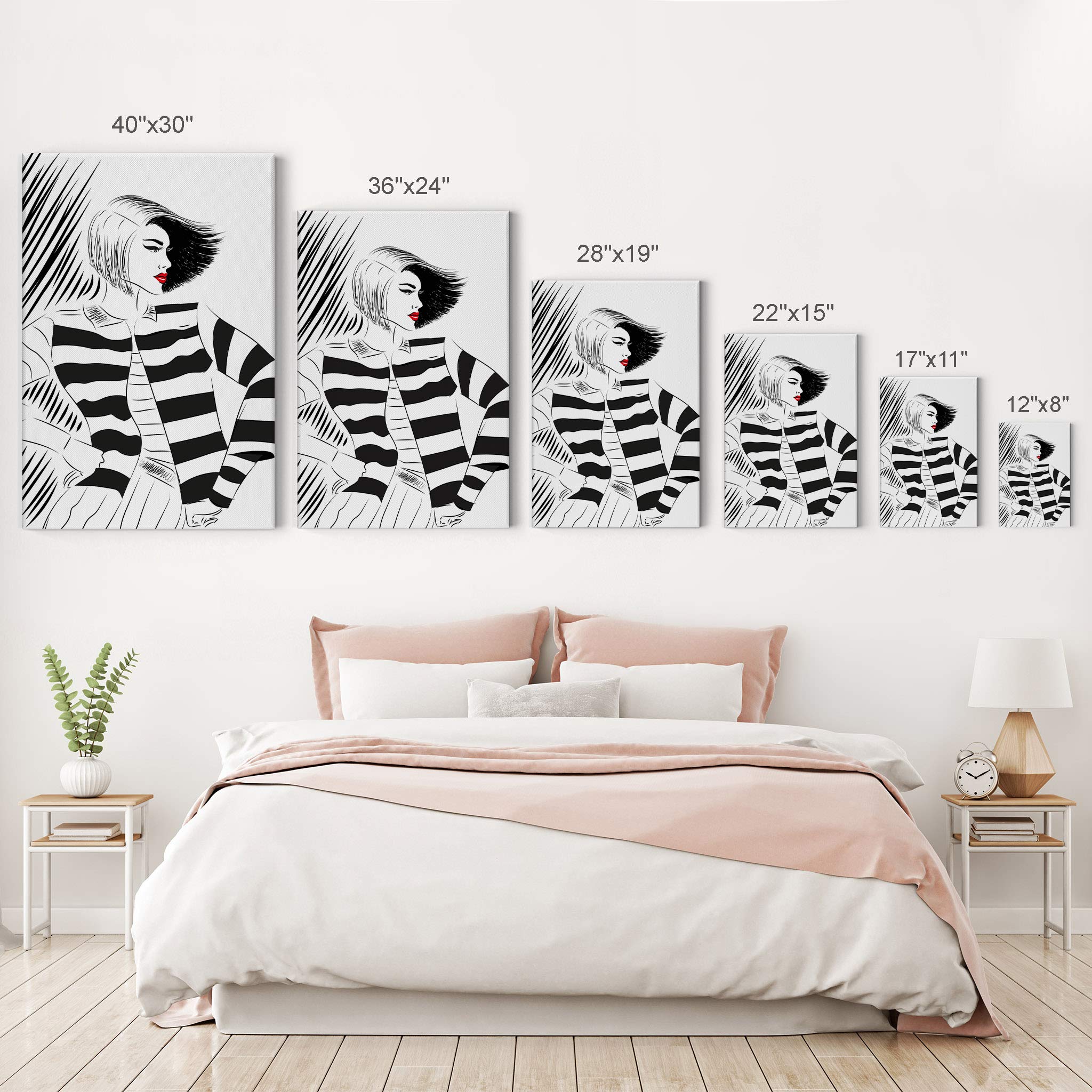 Black and White Lady Red Lips Sketch Glam Fashion Canvas Wall Art Print - Modern Home Office Decor, Teen Girl Room & Women's Dorm Bedroom Living Room Wall Decor - Ready to Hang 36x24 Inches - Perfect for Bathroom, Bedroom & Living Room Wall Decoration