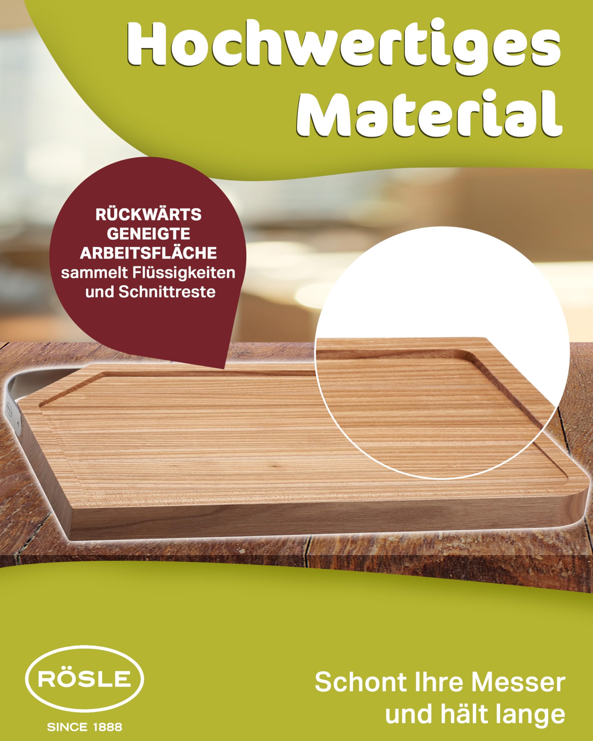 Premium Rosle 15033 Natural Wood Cutting Board with Stainless Steel Handle - 48 x 32 x 3 cm - Perfect for Kitchen Prep, Meat Cutting & Serving Charcuterie