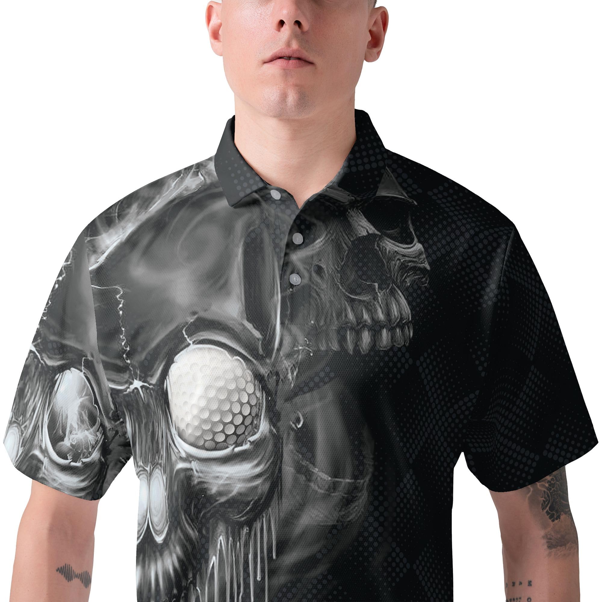 HYPERFAVOR Men's Black & White Skull Print Quick-Dry Golf Polo Shirt - Breathable Short Sleeve Performance Shirt for Golfing, Casual Wear & Outdoor Activities