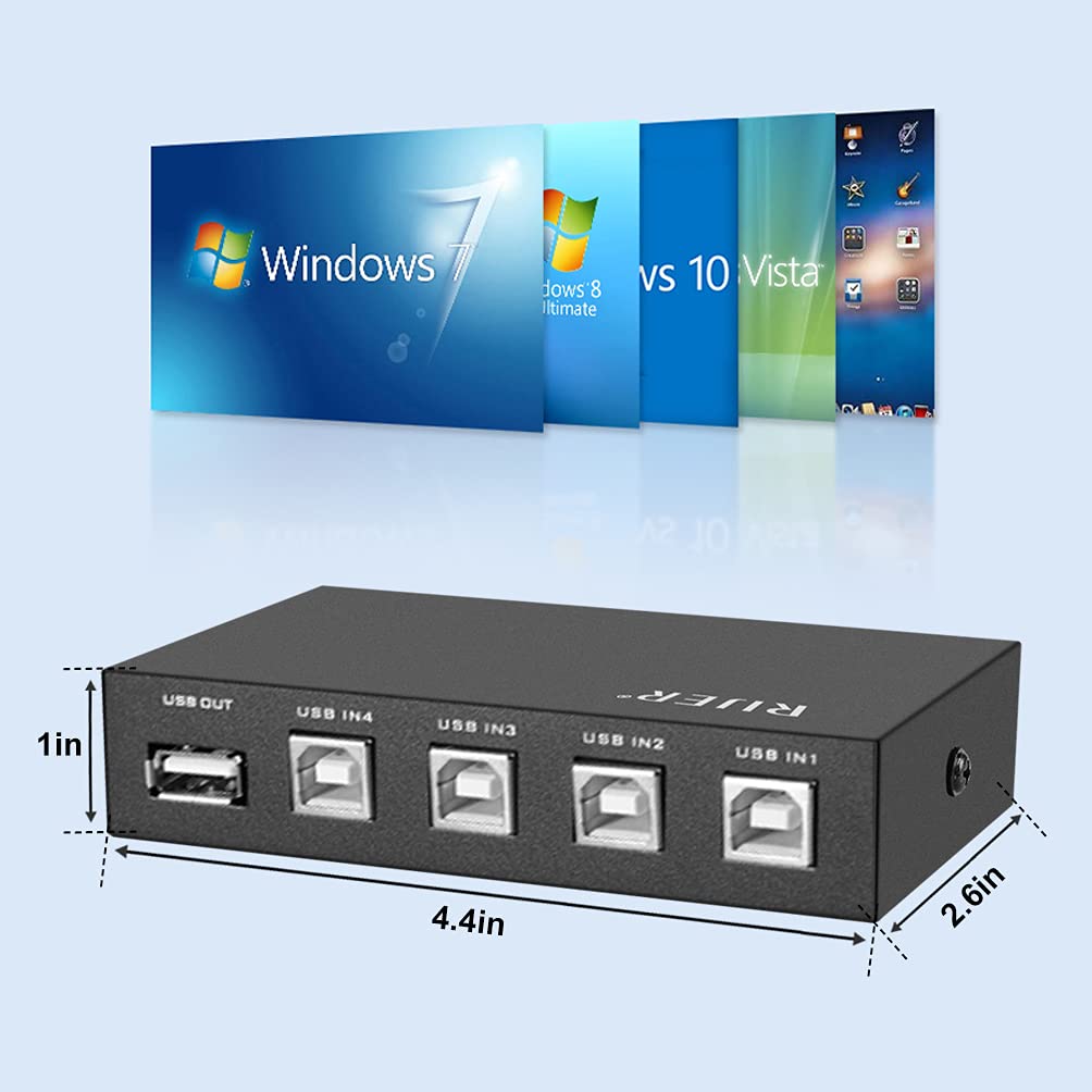 4-Port USB 2.0 Printer Sharing Switch Hub with 4 USB A to B Cables - Manual USB Switch for Multiple Printers & Scanners - Perfect for Office, Home & Small Business Setup