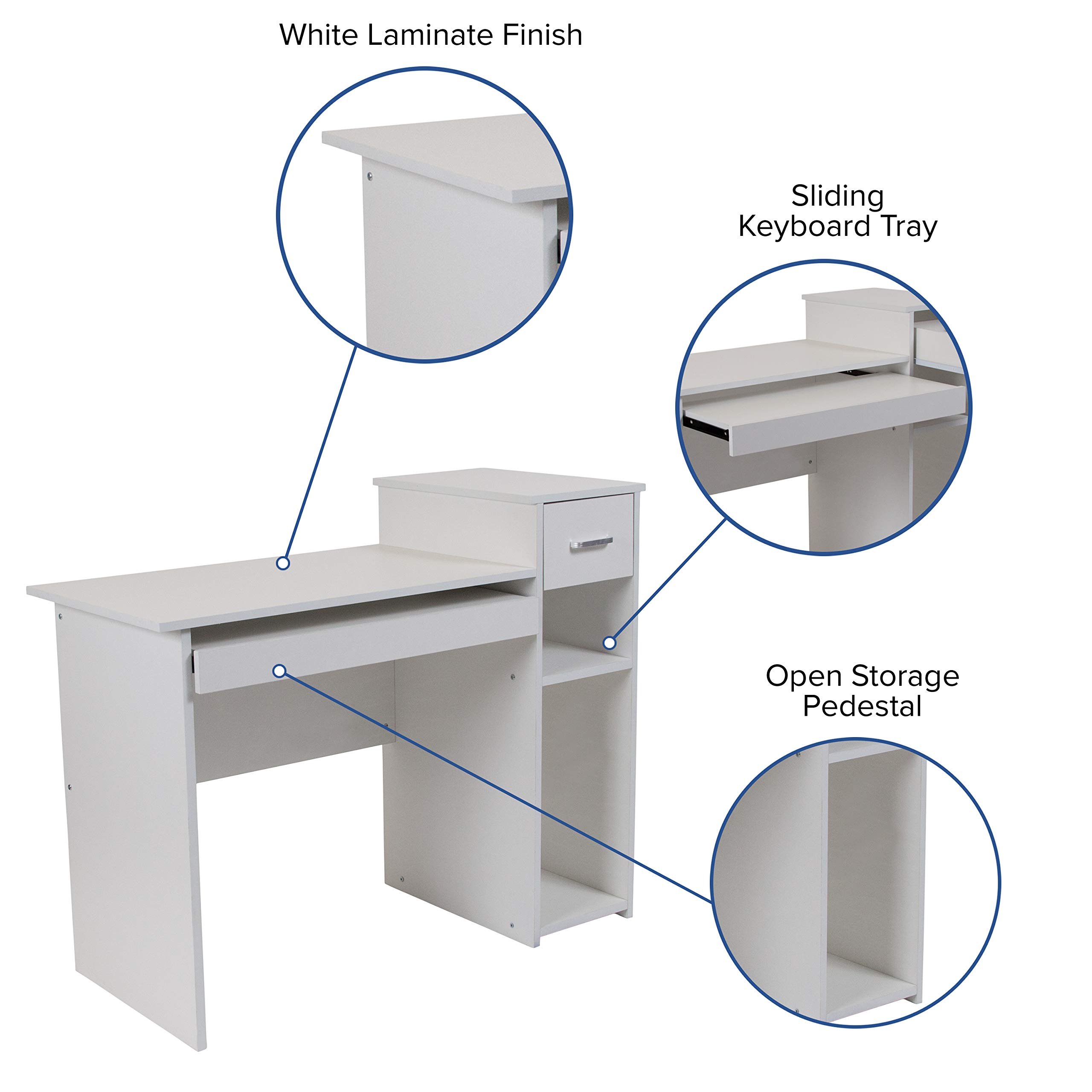 Modern White Computer Desk with Shelves & Drawer - Home Office Workstation for Small Spaces, Gaming & Study (Emma + Oliver)