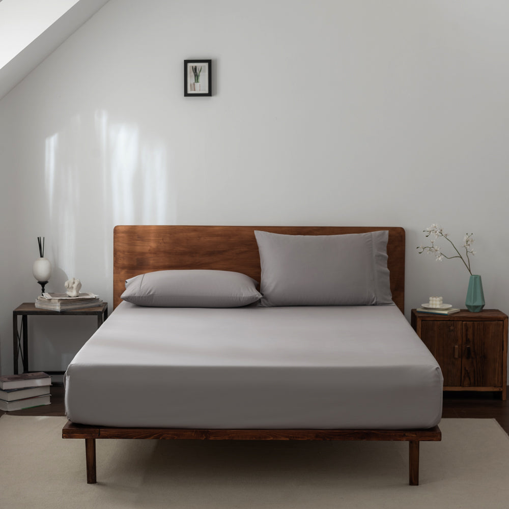 Casey Cotton 400 Thread Count Fitted Sheet & Pillowcase Set - Pewter Gray for Long Single Bed (40cm Deep Pocket) | Soft Luxury Bedding for Guest Rooms & Dormitories