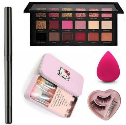 KAARM Makeup Beauty Kajal Eyeliner, 7-Piece Makeup Brush Set, 1 Makeup Blender Sponge, Heart Eyelashes with Glue & Rose Gold Eyeshadow Palette - Perfect for Professional Makeup, Bridal Looks, and Everyday Beauty Routine