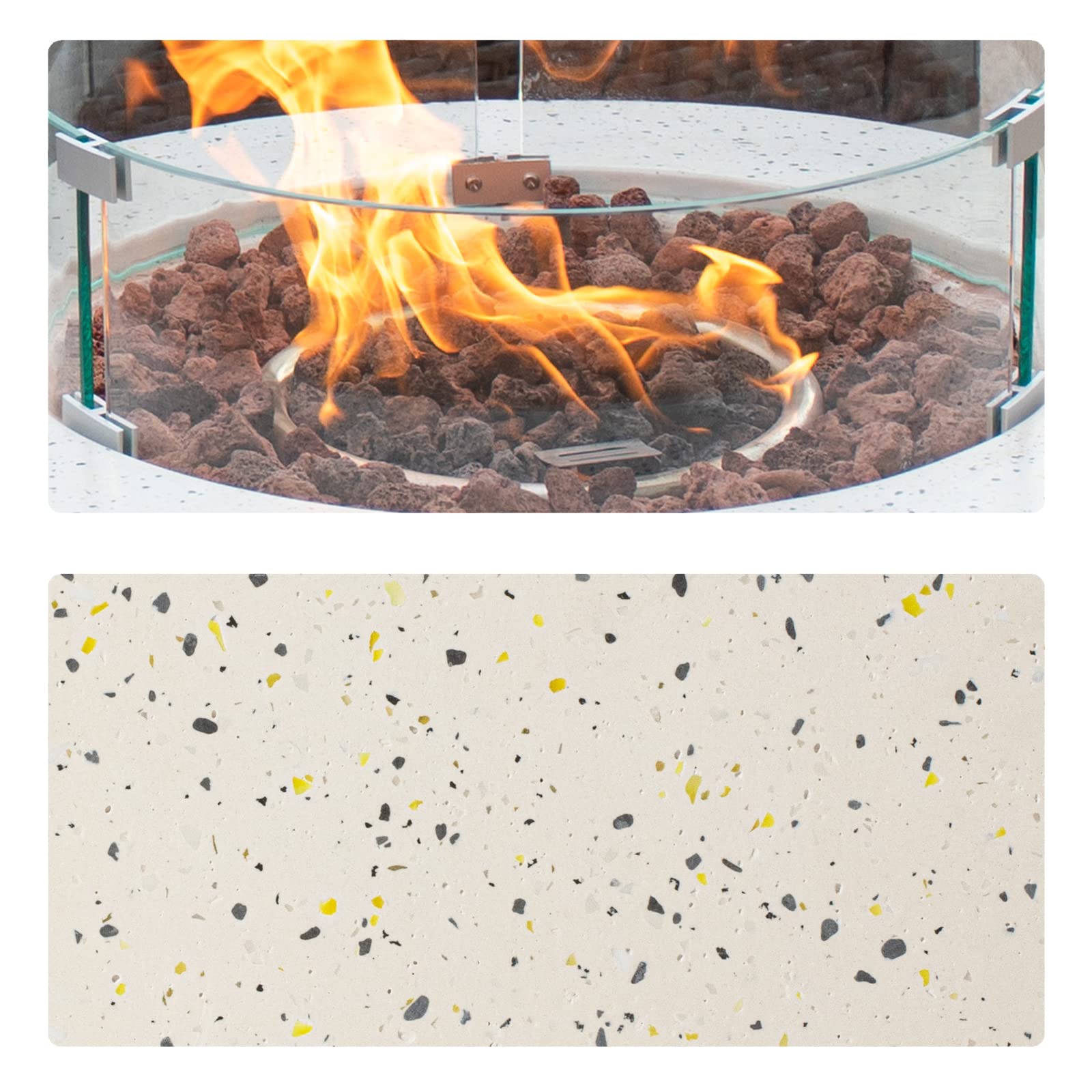 28-inch Outdoor Propane Fire Pit Coffee Table with Terrazzo Round Base - 40,000 BTU Stainless Steel Burner, Wind Guard & Free Lava Rocks - Waterproof Cover Included - Perfect for Patio, Backyard, and Camping Heating