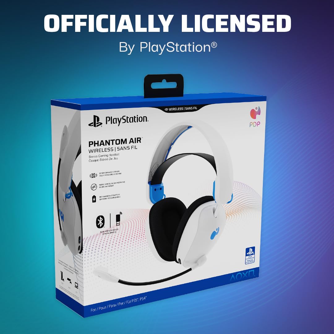 PDP Phantom Air Dual-Mode Wireless Gaming Headset for PS5, PS4 & PC - White | Noise Cancelling Mic, Bluetooth & USB Connectivity | Perfect for Competitive Gaming & Streaming