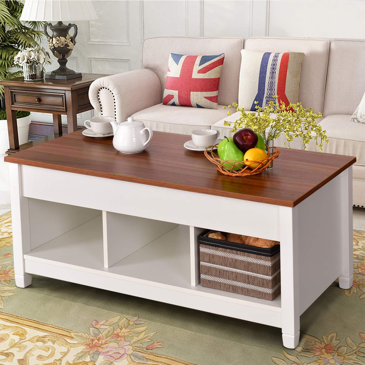 Modern Lift Top Coffee Table with Hidden Storage - Solid Wood Lift-Top Design for Living Room, Home Office & Dining - Brown & White Finish - Perfect for Small Spaces & Multifunctional Use