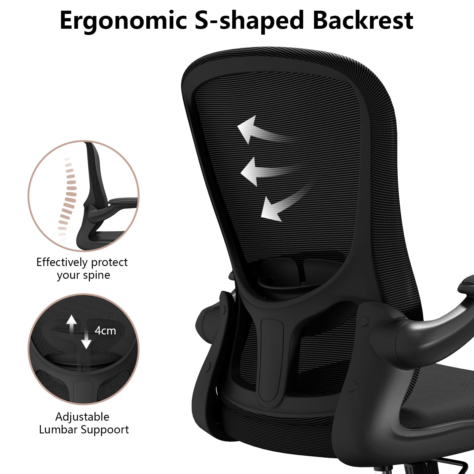 Ergonomic Office Chair with Lumbar Support - Adjustable Height & Flip-Up Arms - Breathable Mesh Swivel Task Chair for Home & Office Use - Perfect for Long Hours of Sitting, Gaming, and Remote Work