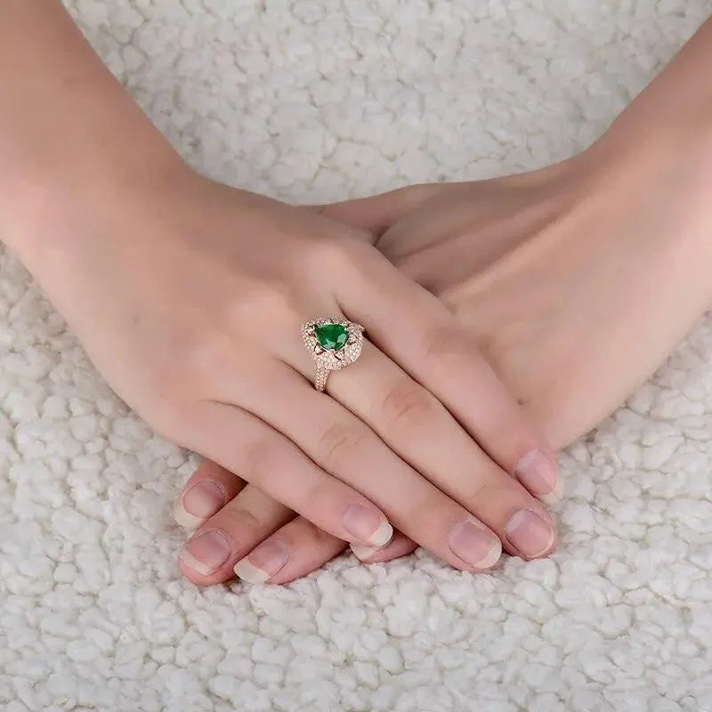 18K Rose Gold Emerald Ring for Women - 1.68ct Pear Cut Real Green Gemstone with SI Diamonds - Elegant Engagement & Wedding Jewelry - Perfect for Christmas Gifts, Anniversary & Special Occasions