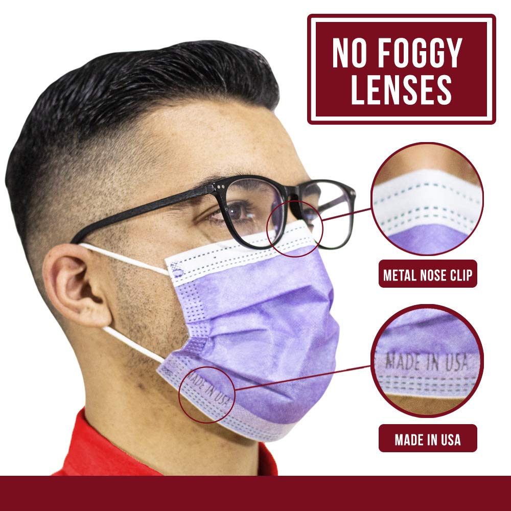 4-Ply Breathable Disposable Face Masks - Made in USA - Comfortable Elastic Ear Loops - Multiple Colors (500 Pack, Purple) - Perfect for Daily Use, Travel, Work & School Protection