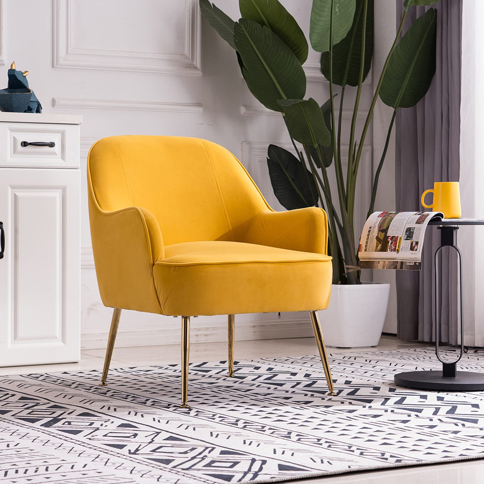 Velvet Accent Barrel Chair - Mid Century Modern Armchair with Golden Adjustable Legs for Living Room, Bedroom & Home Office - Comfy Vanity Chair in Yellow Velvet Fabric (Perfect for Reading Nooks, Lounge Areas & Makeup Stations)