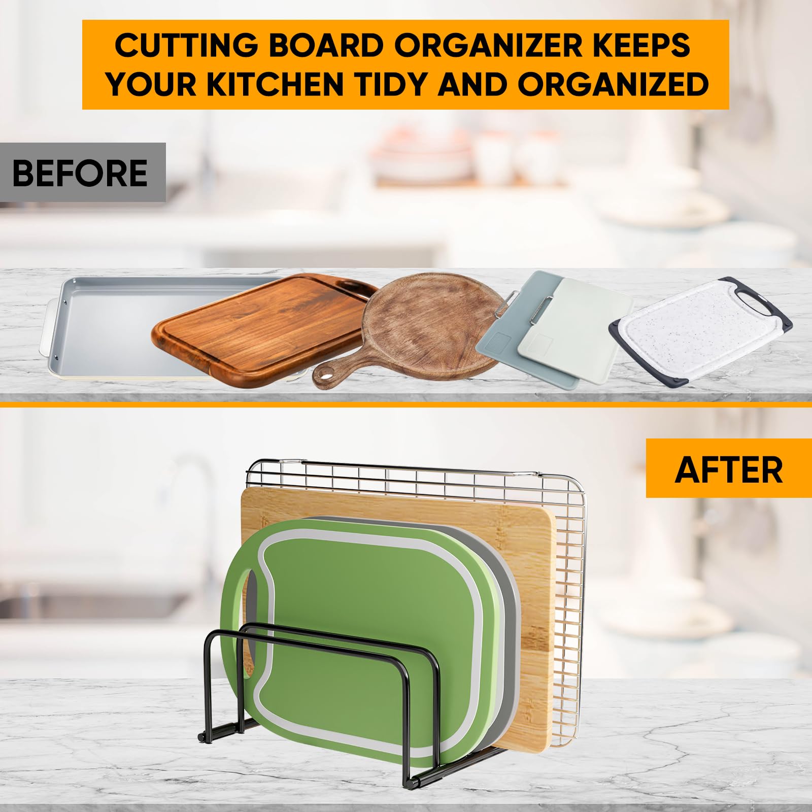 Stainless Steel Cutting Board Organizer Rack - Space Saving Kitchen Storage for Cutting Boards, Baking Sheets, Trays and Bakeware - Perfect for Cabinet & Countertop Organization - Ideal for Home Chefs and Organized Kitchens