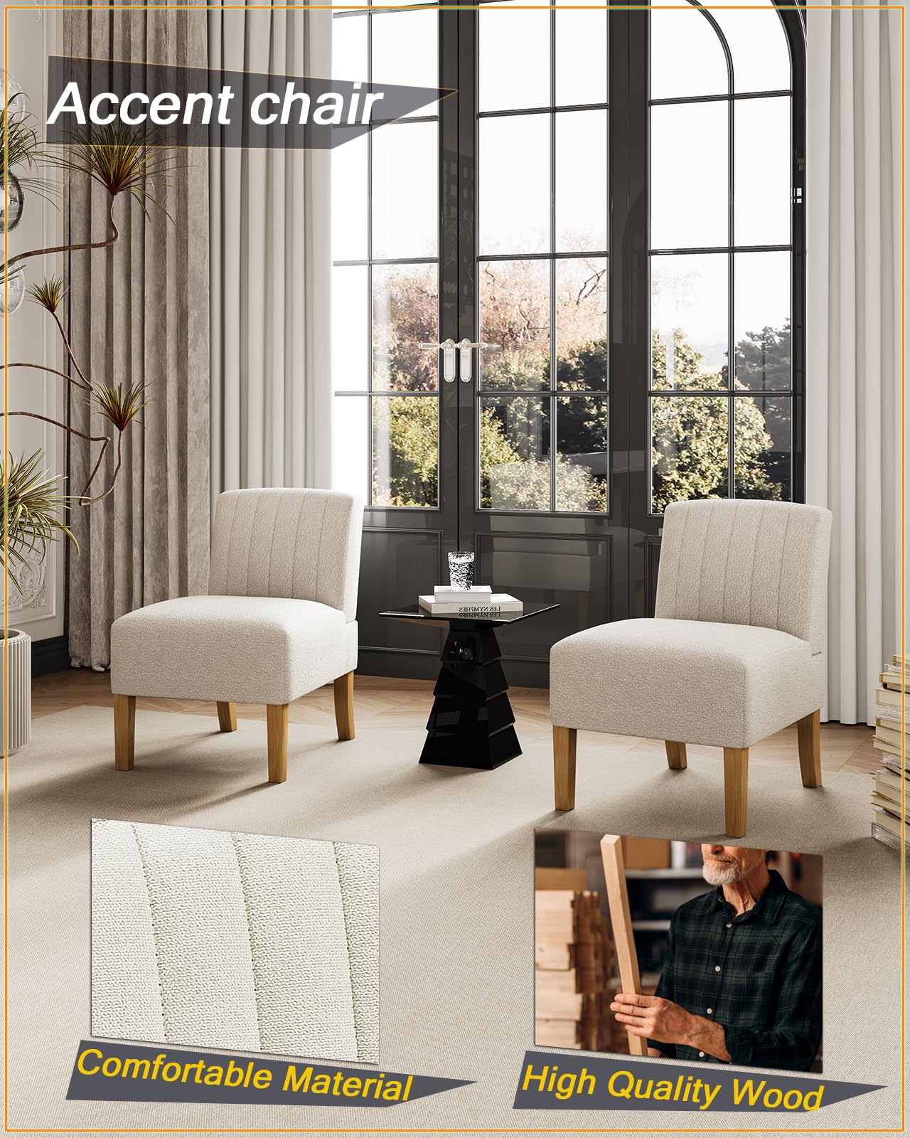 Modern Armless Accent Chair for Bedroom - Solid Wood Legs Upholstered Slipper Vanity Chair, Comfortable Guest & Reading Chair in Beige - Perfect for Bedroom Seating, Dressing Room & Cozy Reading Nook