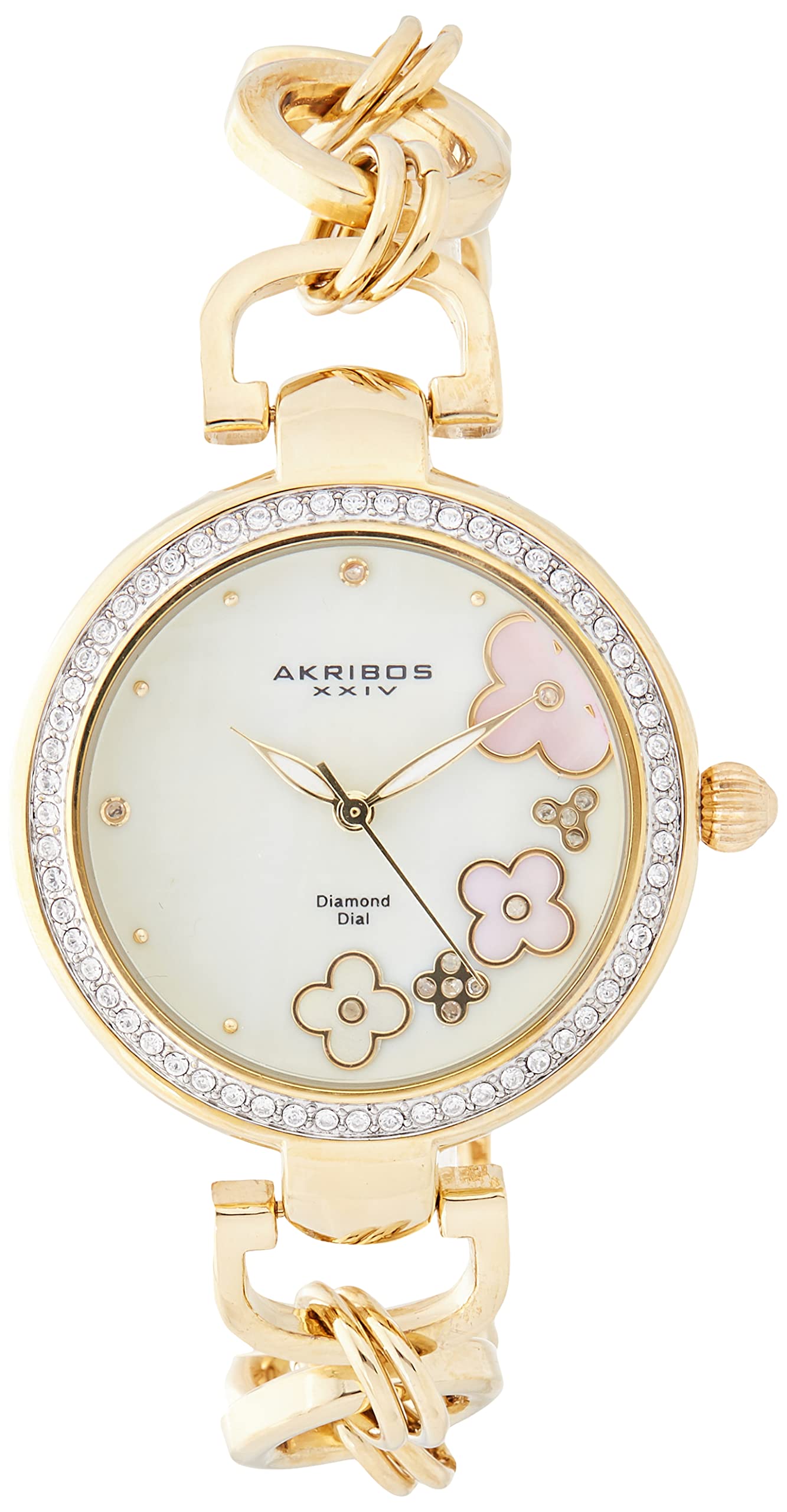 Akribos XXIV Women's Swarovski Crystal Watch with Mother of Pearl Flower Dial & Diamond Hour Markers - Elegant Chain Link Bracelet - Perfect for Gifts, Parties, and Special Occasions - AK874