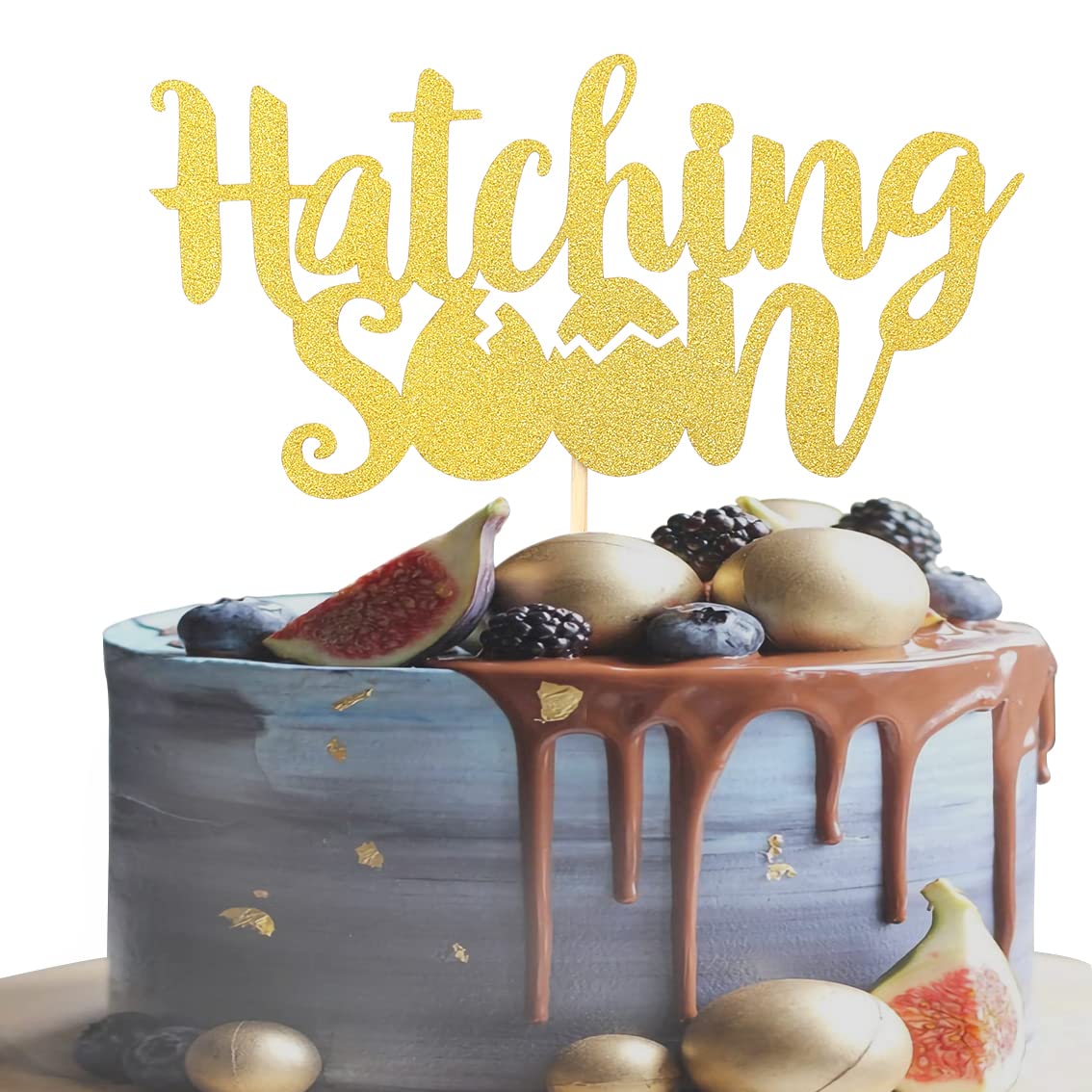 Dinosaur Theme 'Hatching Soon' Gold Glitter Cake Topper - Single-Sided Pregnancy & Baby Shower Decoration for Gender Reveal Parties | Perfect for Baby Showers, Gender Reveals & Nursery Decor