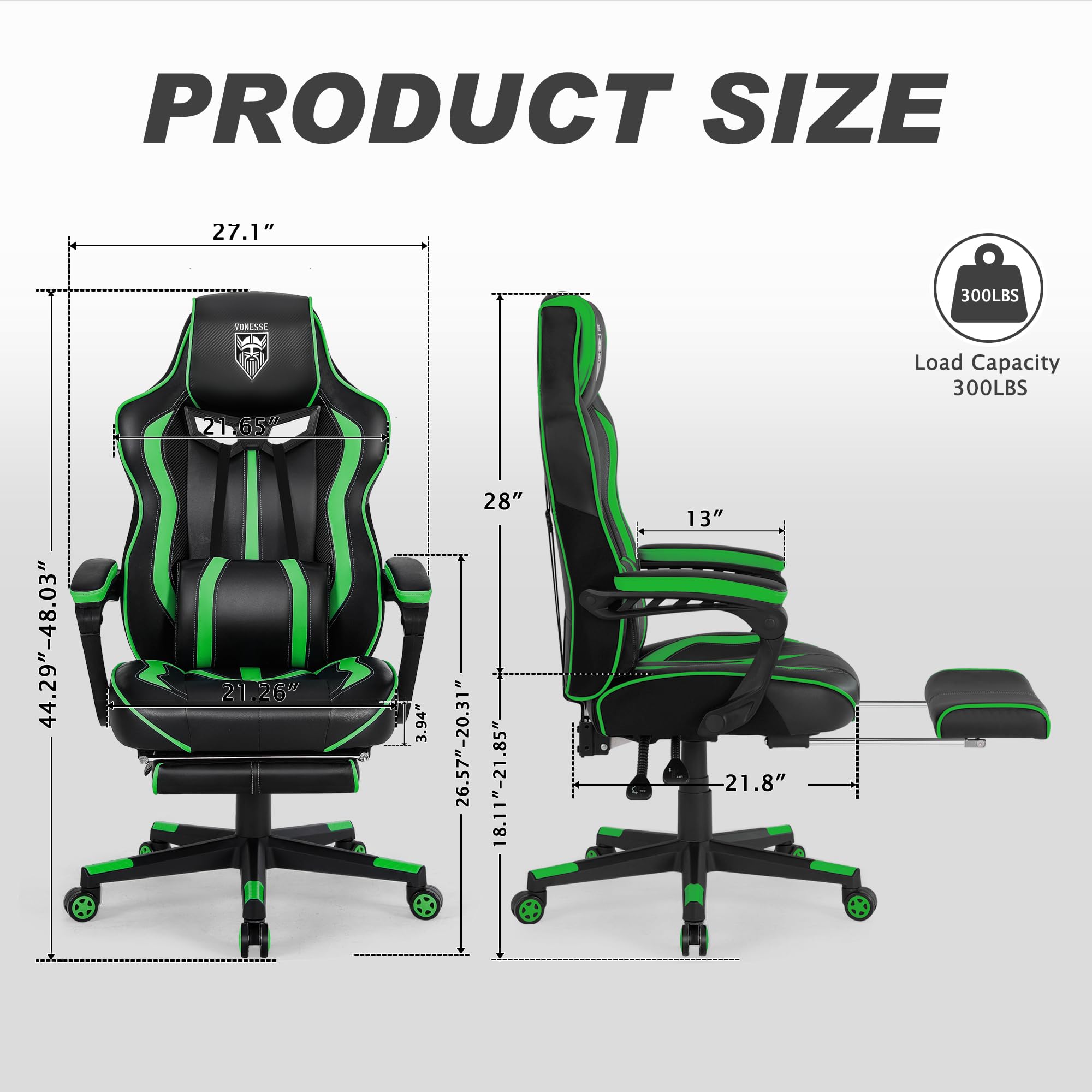Vonesse Ergonomic Gaming Chair with Adjustable Footrest & Lumbar Massage - Big and Tall Reclining Computer Game Chair for Adults & Teens - High Back Video Gaming Chair for Office & Home (Green/Black) - Perfect for Esports, Streaming & Long Gaming Sessions