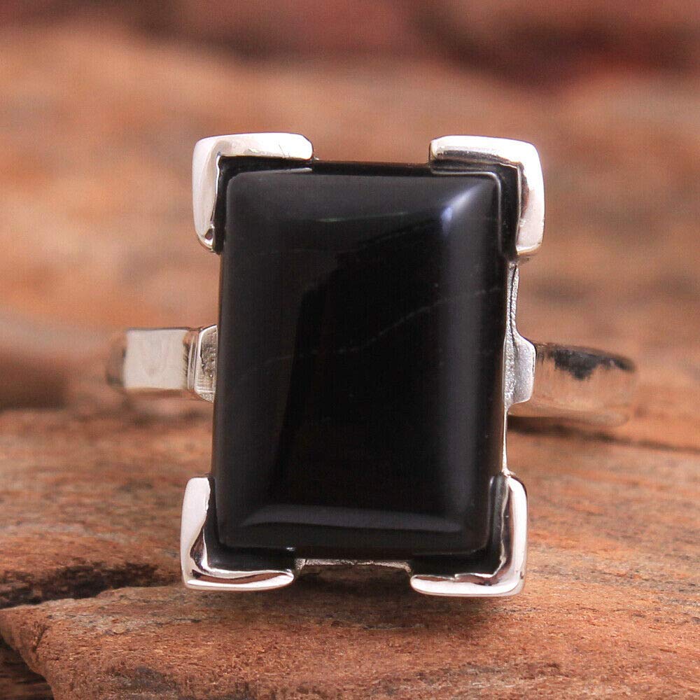 925 Sterling Silver Black Onyx Rings for Women - Elegant Square Gemstone Bridesmaid Rings, Handmade Prong Set Statement Jewelry - Perfect for Weddings, Parties & Special Occasions