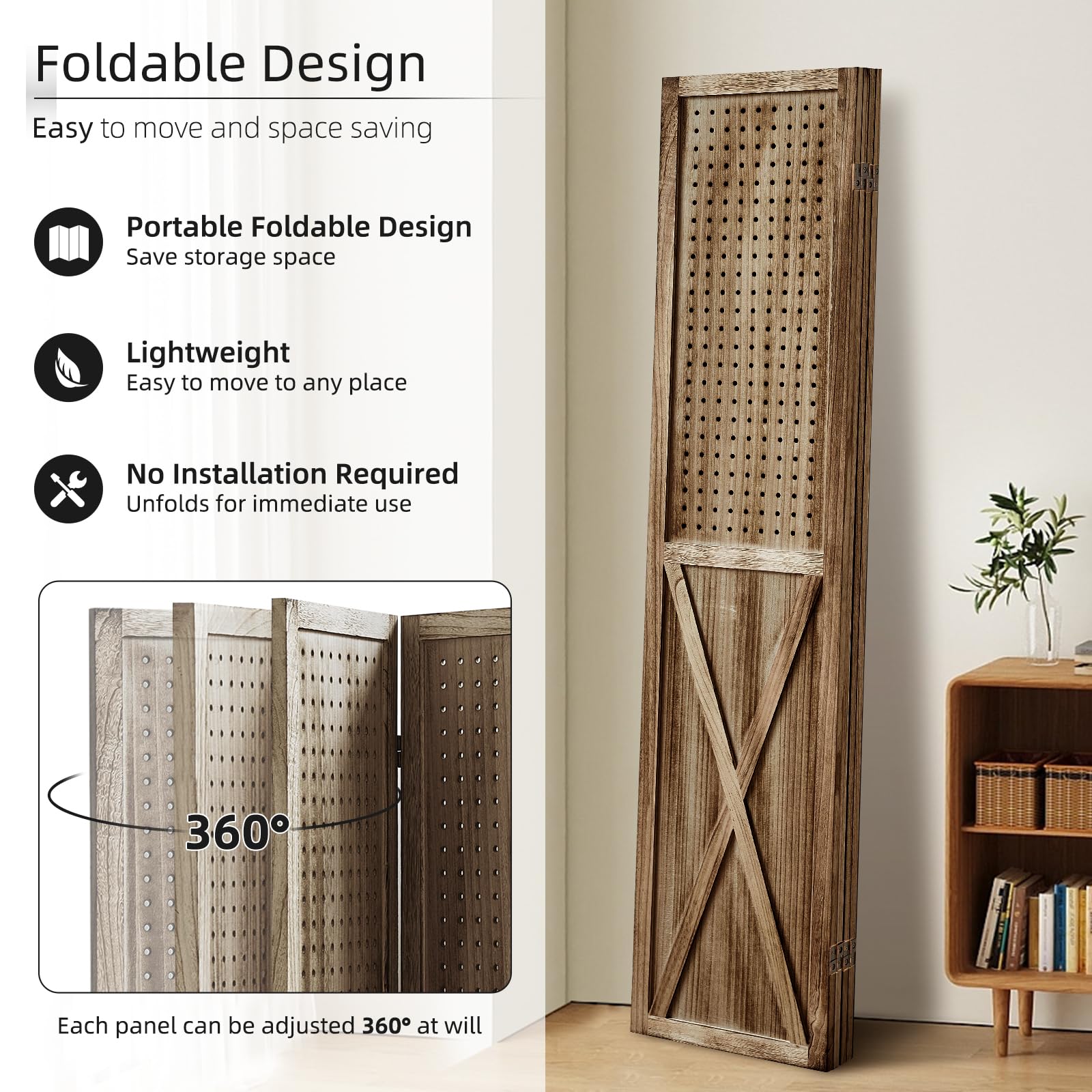 Wooden 4-Panel Folding Room Divider with Pegboard - 5.6Ft Portable Privacy Screen & Display Organizer for Jewelry, Crafts, Art Shows - Perfect for Home Office, Retail Stores & Event Displays (Brown)