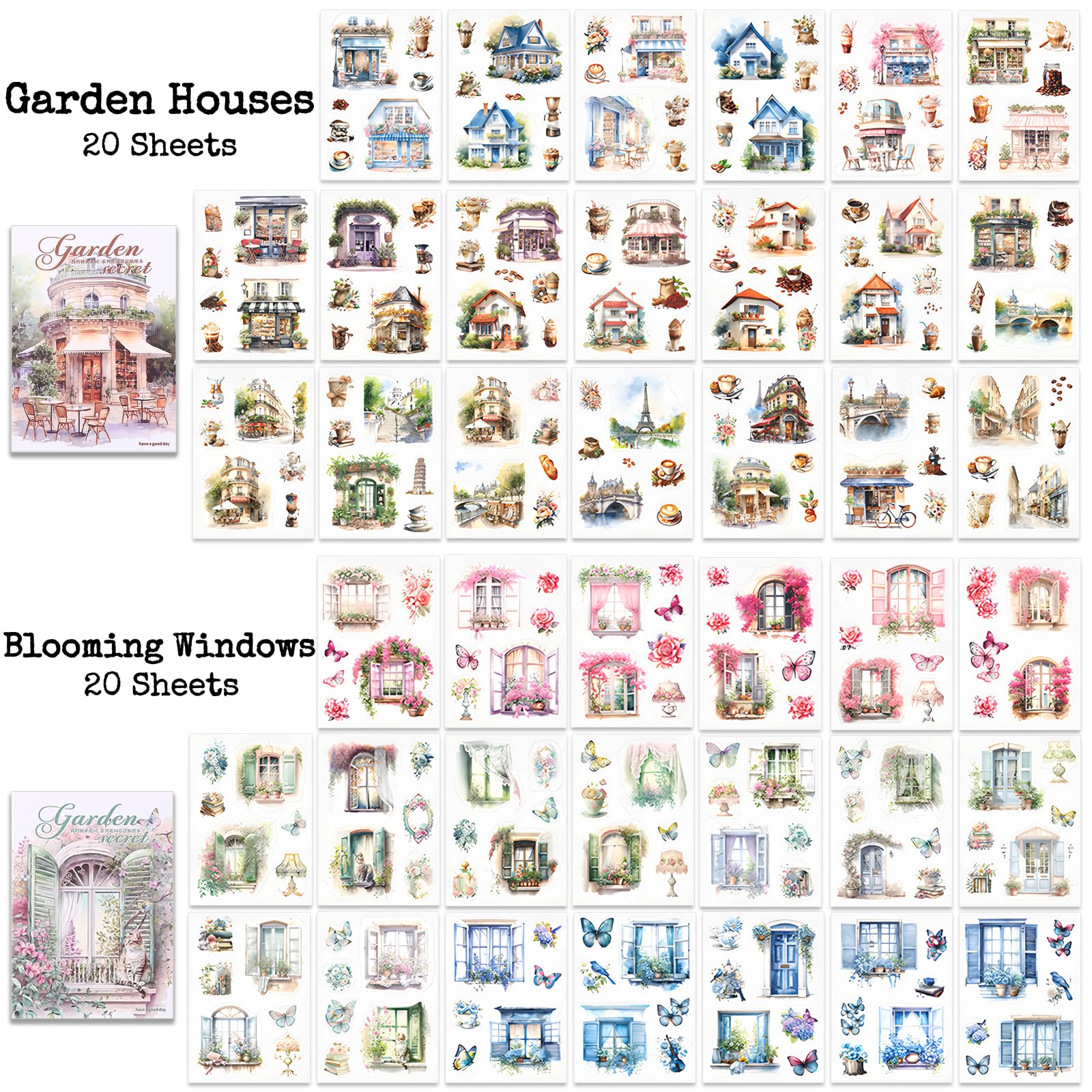 490+ Pieces Knaid Scenery Sticker Set - 4 Pack Sticker Books with Blooming Windows, Garden Houses, Enchanted Forest & Garden Fences for Scrapbooking, Bullet Journals, Planners & DIY Crafts - Perfect for Journal Decoration, Memory Books & Creative Projects