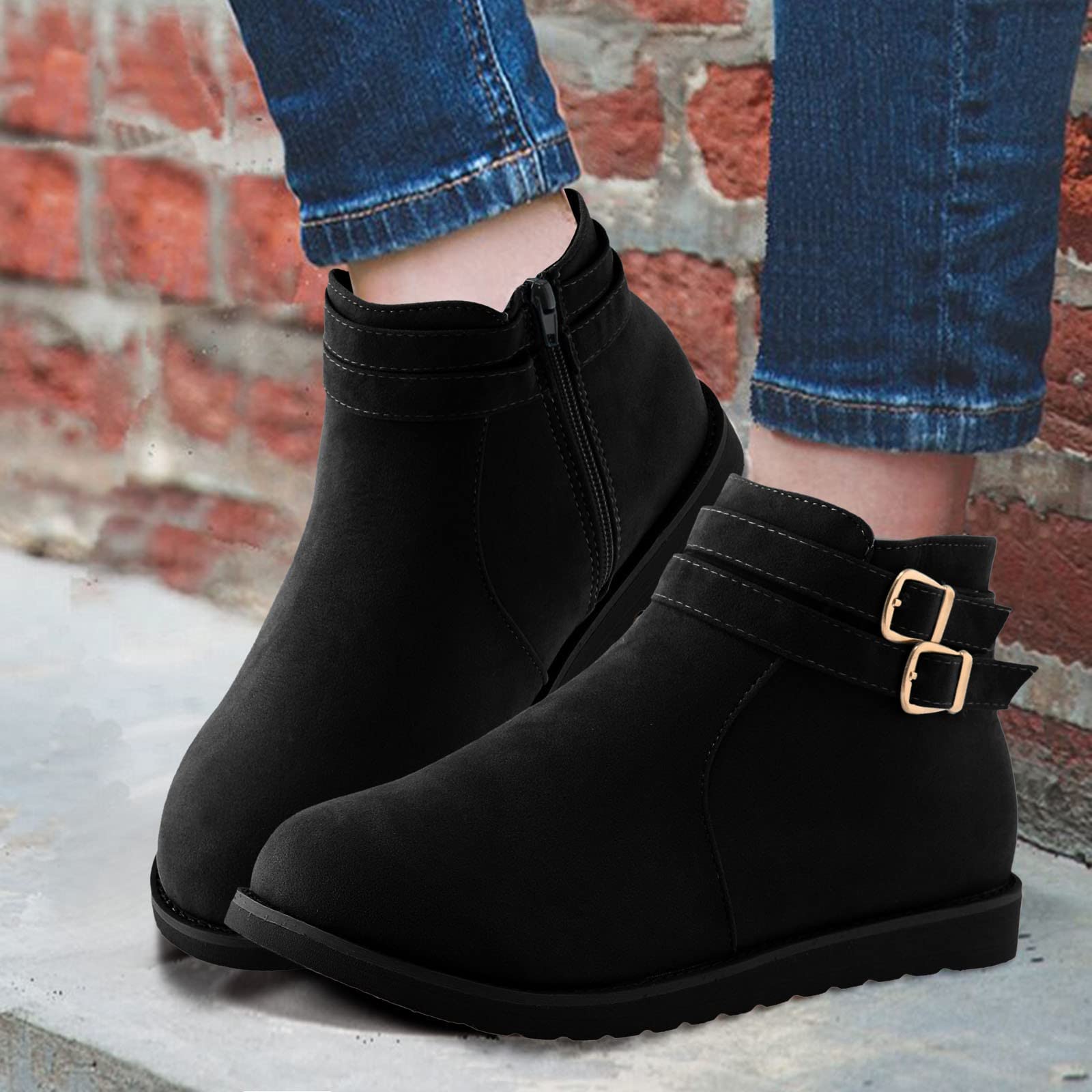 Women's Western Ankle Boots with Metal Buckle - Fleece Lined Cowgirl Booties for Fall - Lightweight Suede Fashion Boots for Walking, Riding & Country Style Outfits