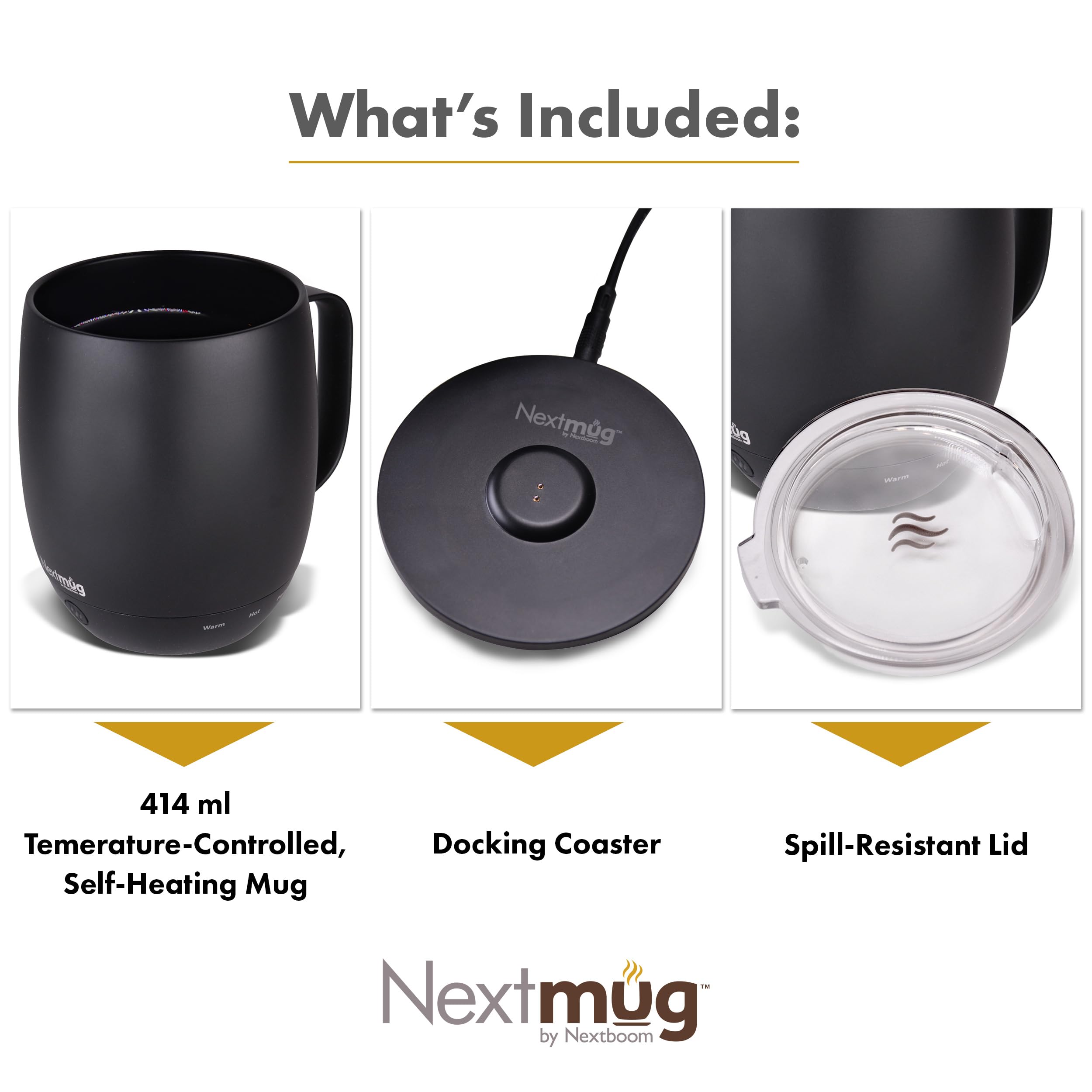 Nextmug - Smart Temperature-Controlled Self-Heating Coffee Mug (14oz) - Perfect for Office, Travel & Home Use - Keeps Beverages Hot for Hours - Black