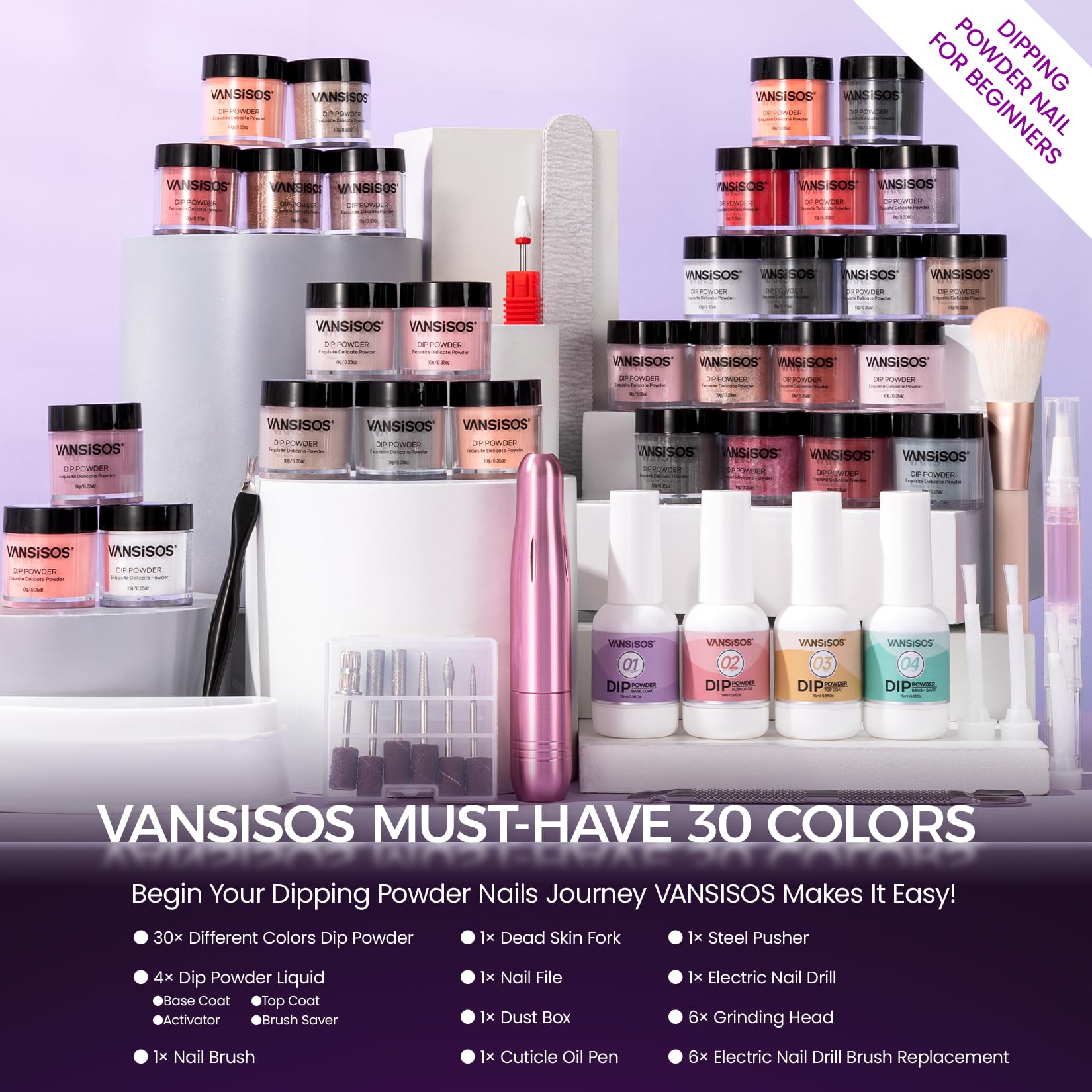 30 Colors Dip Powder Nail Starter Kit - Nude Pink Glitter Dipping Powder Set with Nail Drill for Professional Salon & Home Manicures