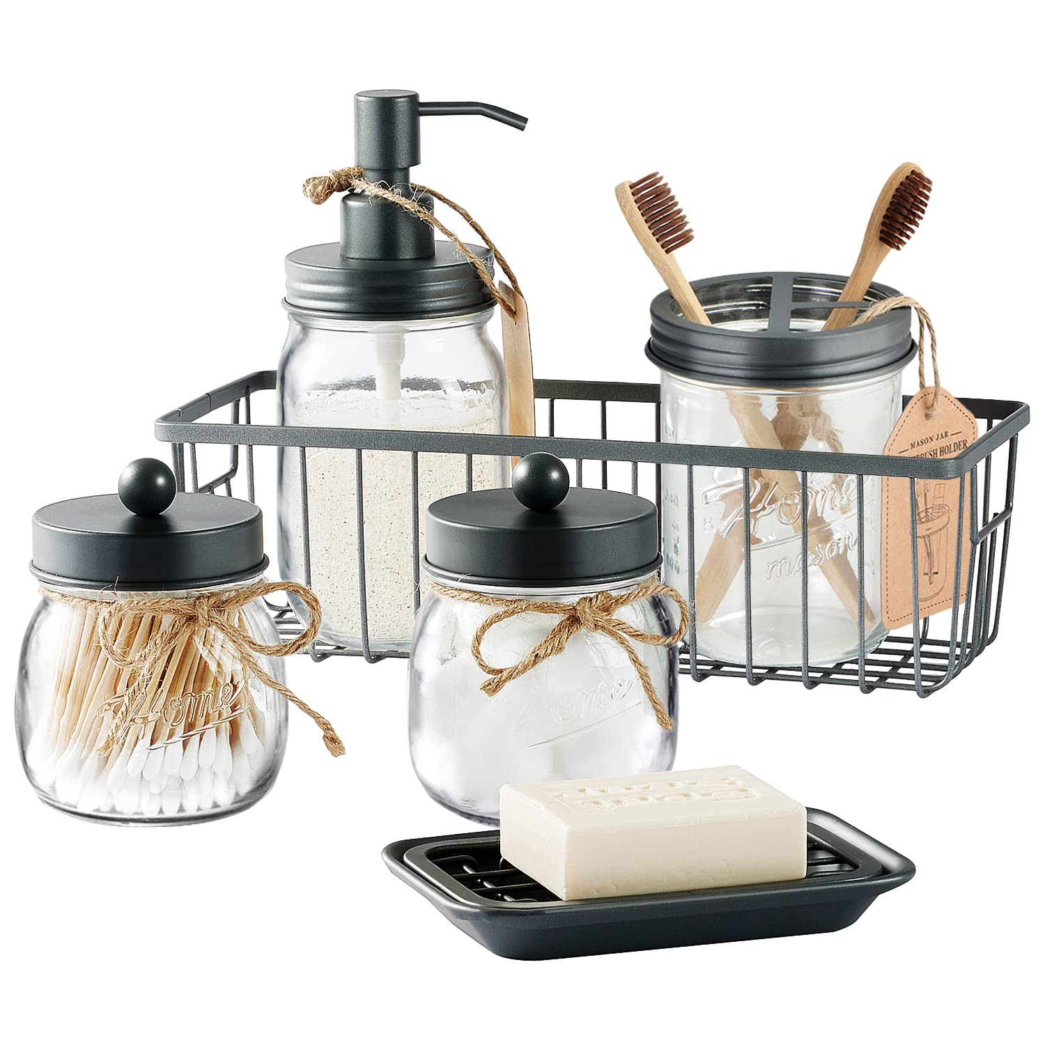 SheeChung 6-Piece Mason Jar Bathroom Accessories Set - Vintage Grey Toothbrush Holder, Soap Dispenser, Q-Tip Holders, Soap Dish, Wire Paper Storage | Farmhouse Style Bathroom Decor for Rustic, Cottage & Vintage Themed Bathrooms