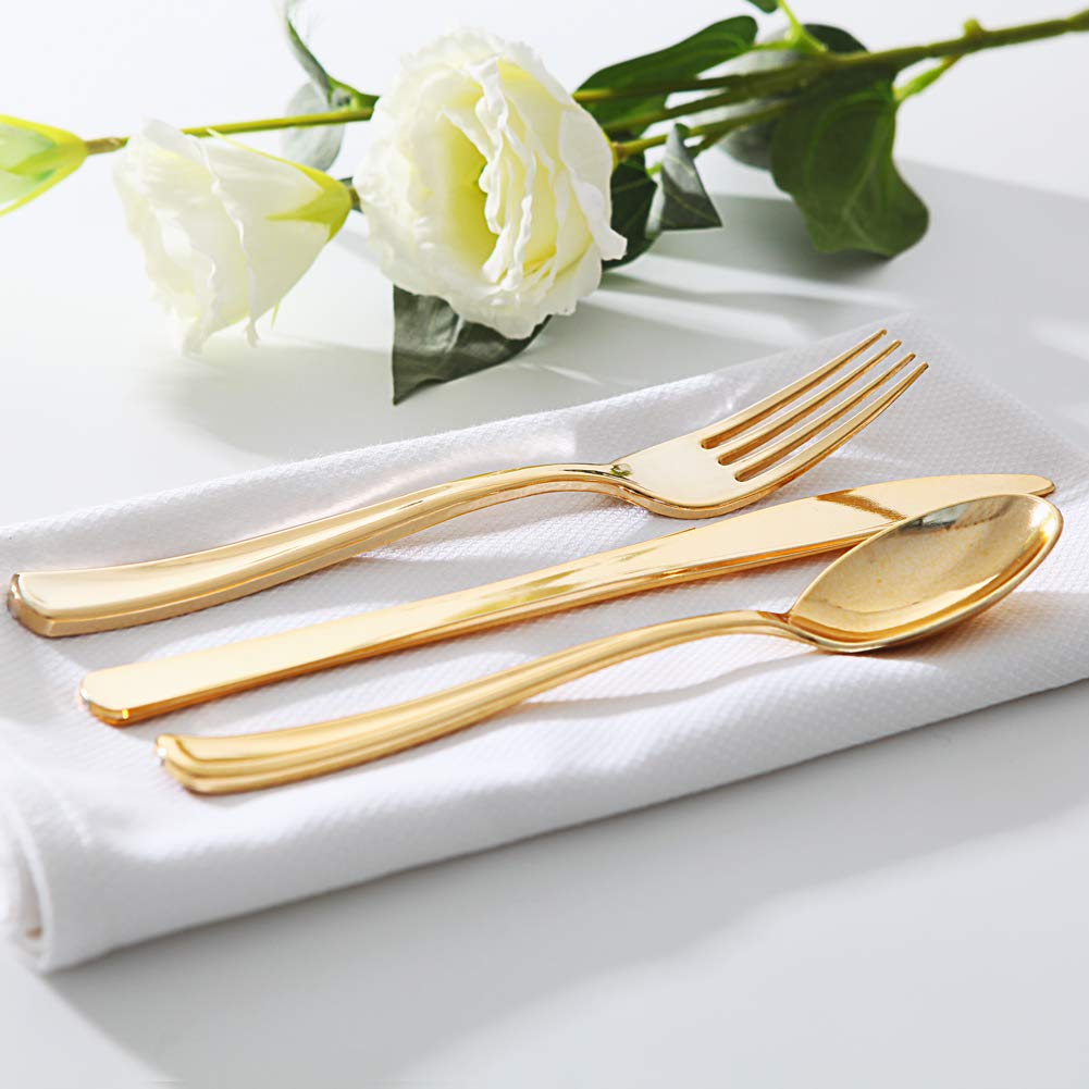 300-Piece Gold Plastic Cutlery Set & 100 Gold Plastic Plates - Elegant Baroque Design for Weddings, Parties, and Luxury Events